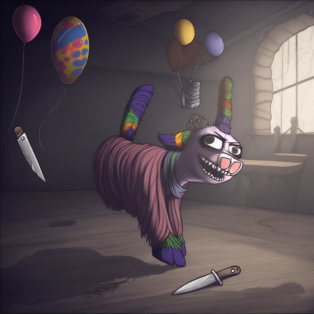 scp-956, solo, female, creepy, eerie, unsettling, female, balloons, party, abandoned playground, dark, moonlight, evil, dangerous, knife,