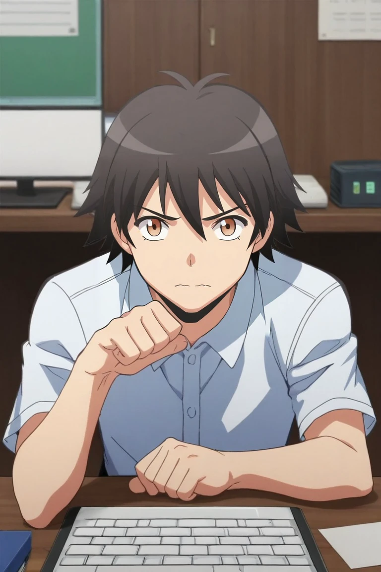 score_9, score_8_up, score_7_up, source_anime, rating_safe, , (realistic:0.6), looking at viewer, , 1boy, solo, male focus, <lora:yuuma_isogai_pony:0.98>, yuuma_isogai, black hair, brown eyes, short hair, rule of thirds, office, computers, dawn, jojo pose, wavy mouth, closed mouth, , <lora:sdxl_lightning_8step_lora:1>