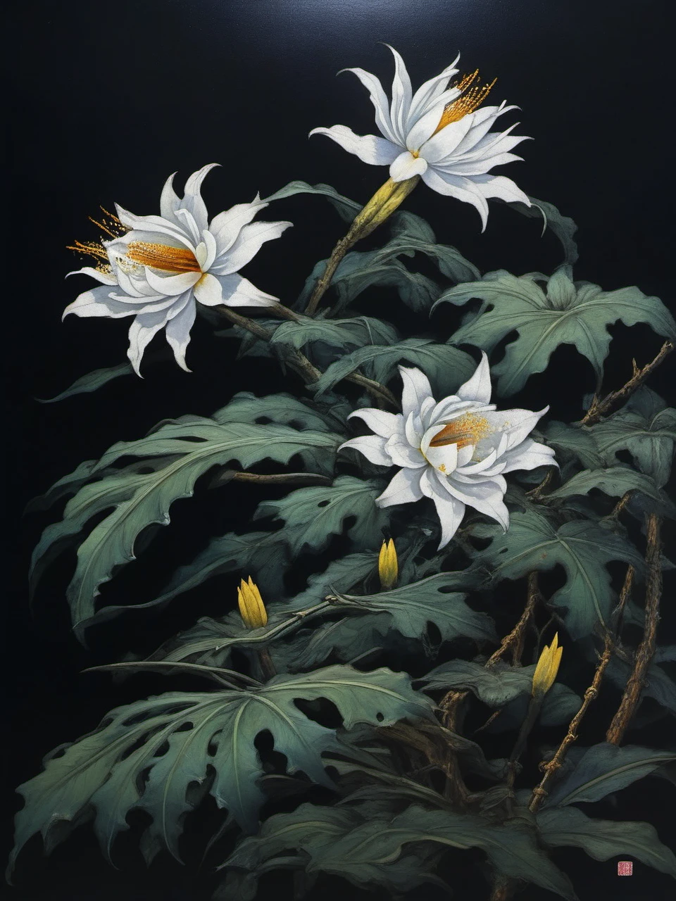 Lacquer painting landscapes
An epiphyllum blooming in the dark night, perfect composition, artist', award-winning work, official art, high definition.