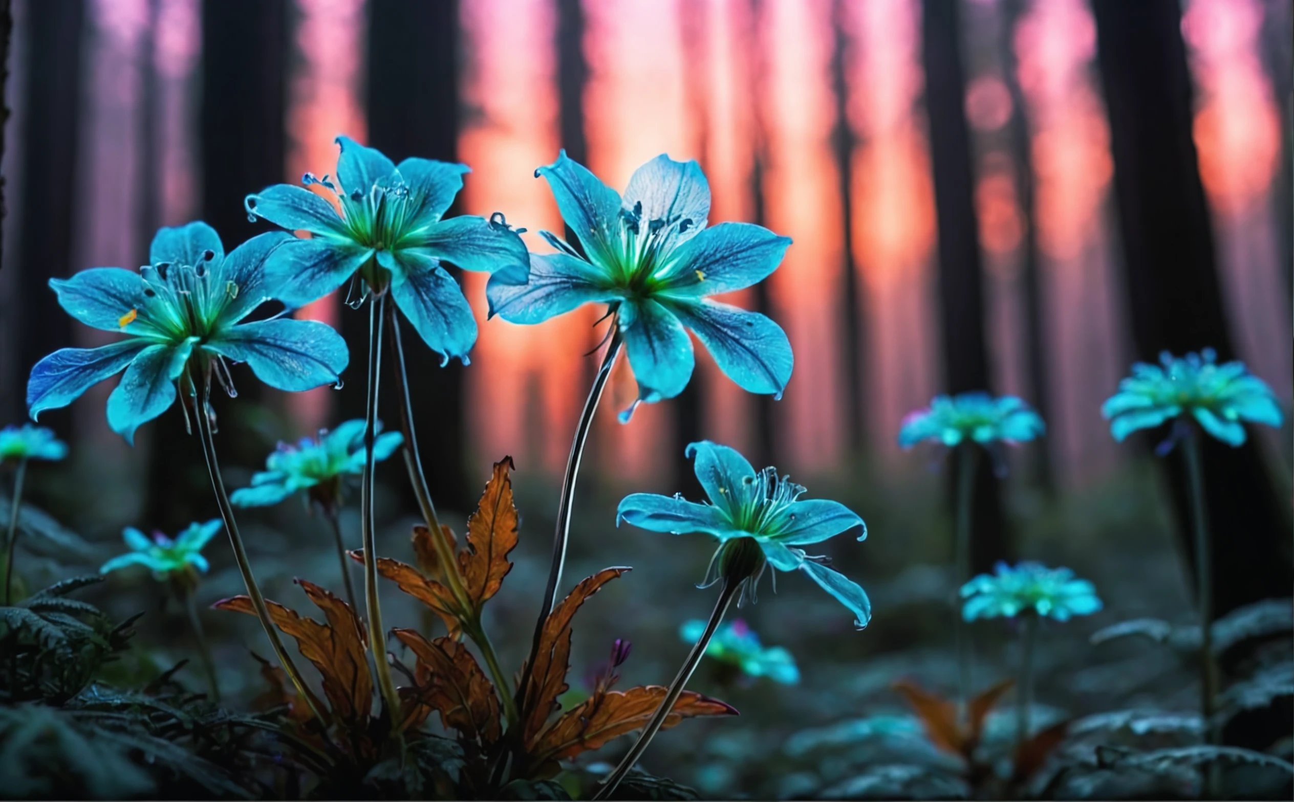 (macro photo), a flowers with a ethereal complex colors,(a mesmerizing bioluminescent forest), colorful