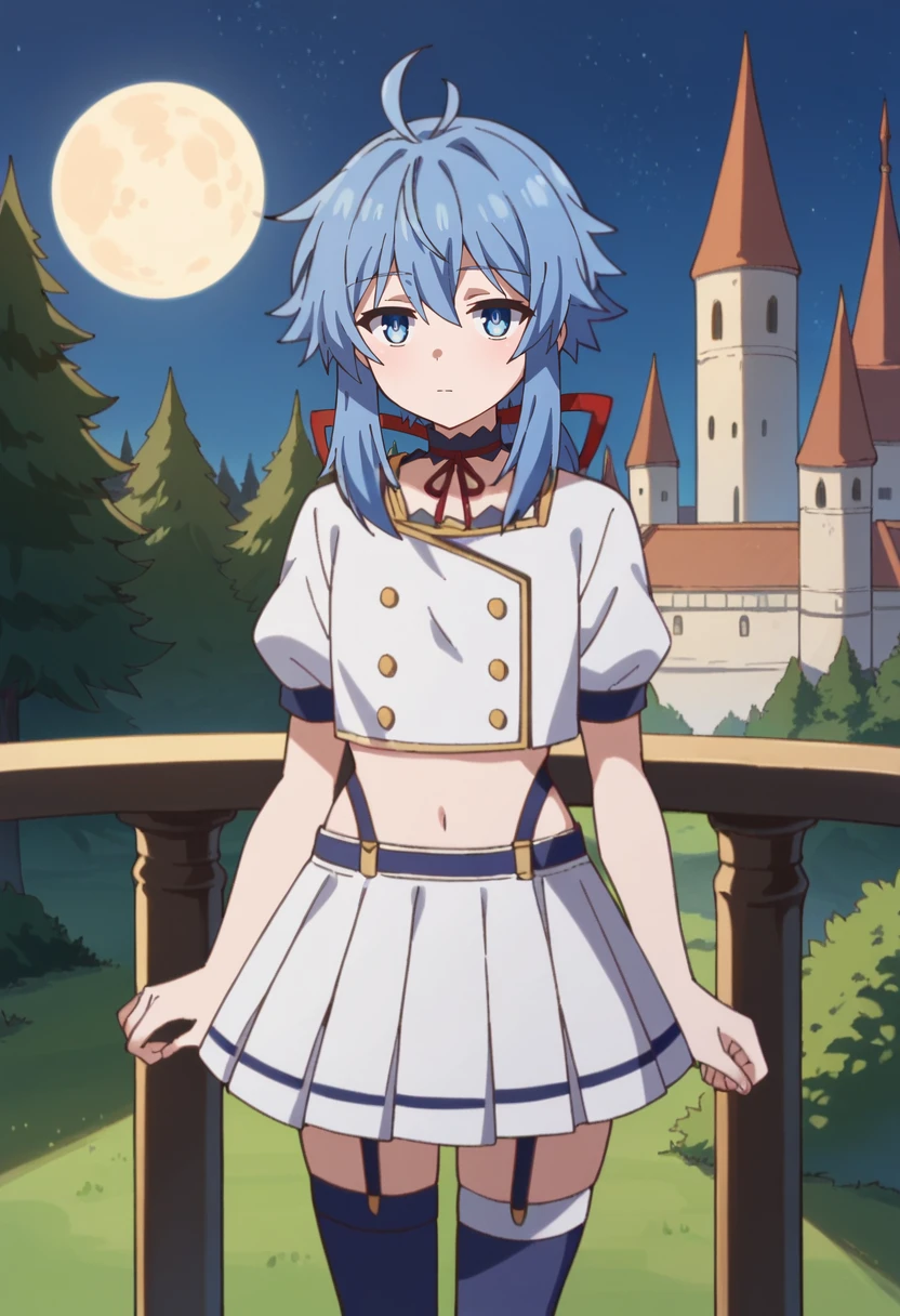 score_9, score_8_up, score_7_up, source_anime, 
<lora:Rokuaka_ReLRayfordXL:0.8>, Re=LRayford,
1girl, solo, closed mouth,
blue hair, blue eyes, short hair, ahoge, low ponytail,
Re=LSchool, choker, red ribbon, white shirt, crop top, garter straps, white skirt, blue thighhighs, buttons, short sleeves, asymmetrical clothes,
standing, looking at the viewer,
outdoors, forest, medieval, fantasy, castle, balcony, moon, night, starry sky