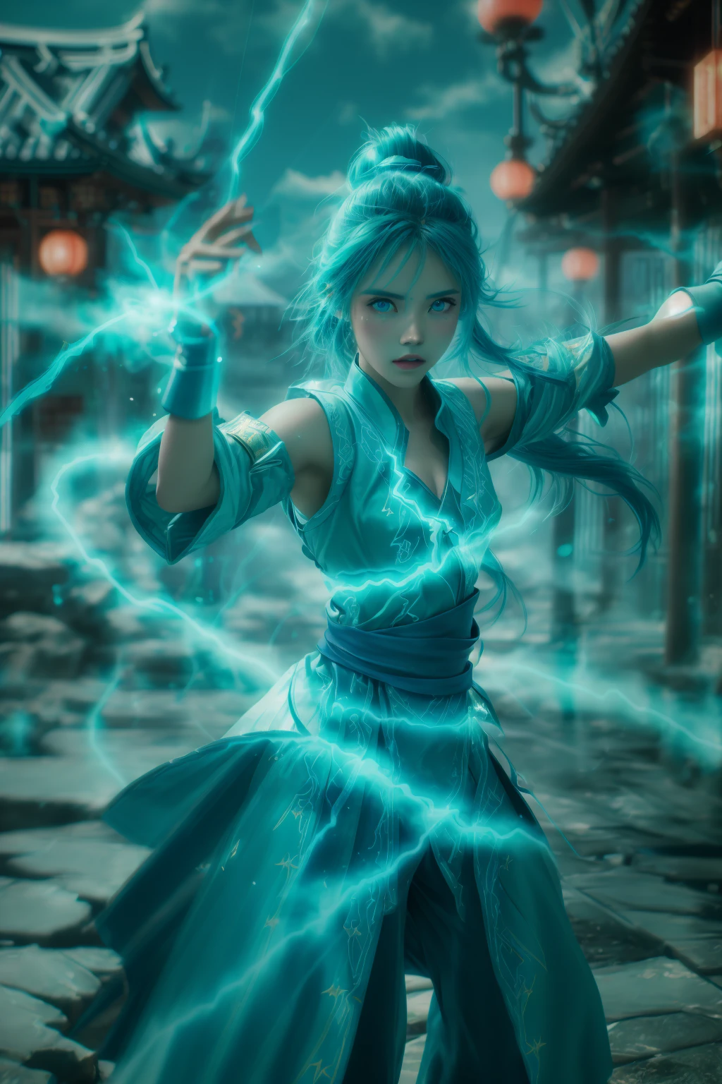 fighting stance,dancing,ancient-costume,cyan-aura,using cyan-lightning-magic,cyan-lightning-magic,using cyan-magic,cyan-magic,1girl,solo,long hair,blue eyes,<lora:magic_fighting_cyan_512_15:0.8>,