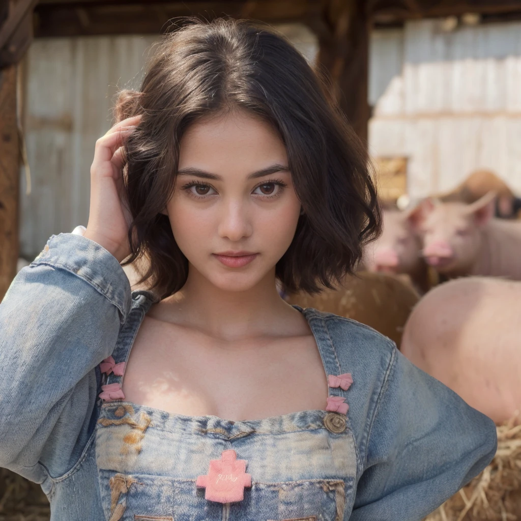 Hyperrealistic art aayushii , (In a rustic denim overall, with a playful pink bow, for a charming and down-to-earth look), (A lively farmyard in the afternoon, with pigs happily snorting and chickens pecking at the ground, the scent of hay lingering in the air, cheerful atmosphere:1.3), (seductive:1.3) <lora:aayushii:1> . Extremely high-resolution details, photographic, realism pushed to extreme, fine texture, incredibly lifelike