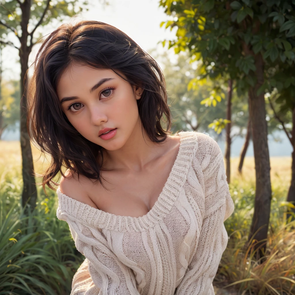 cinematic photo aayushii, supermodel, shiny skin, short hair, bangs, prefect face, makeup, blush, parted lips, big tits, cleavage, thin waist, off shoulder sweater, oversize sweater, long sleeves, (looking at viewer), field grass, maple trees, golden hour, (upper body) <lora:aayushii:1> . 35mm photograph, film, bokeh, professional, 4k, highly detailed