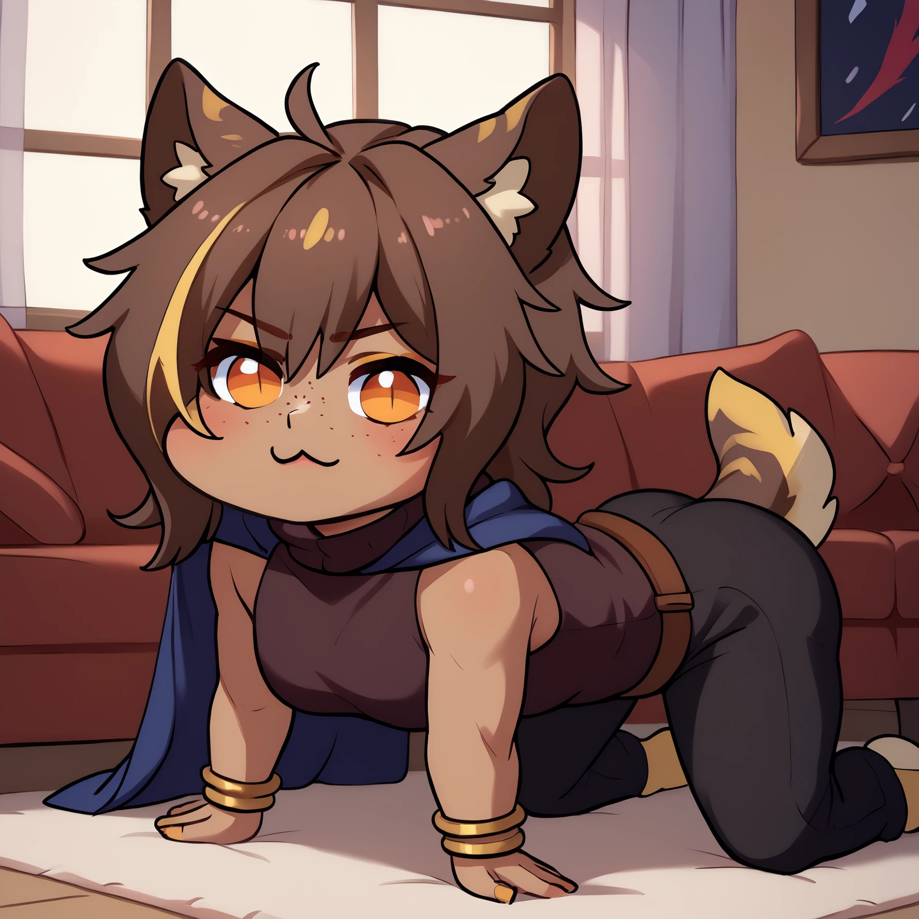score_9, score_8_up, score_7_up, BREAK 1girl, solo, hyemayeso, dark-skinned female, wolf girl, animal ears, freckles, wolf tail, multicolored tail, makeup, gold eyeliner, multicolored eyes, multicolored hair, streaked hair, medium hair, <lora:HyenaMayesoPDXL_V1-Manityro-CAME:0.8>, indoors, living room, sofa,
<lora:Doro_X_PDXL_V1:1.2>, doro, creature, :3, chibi, no humans, four legs, solid circle eyes, no pupils, all fours, side view, full body,
black cape, turtleneck, black shirt, sleeveless, black gloves, bracelet, black pants, brown belt,