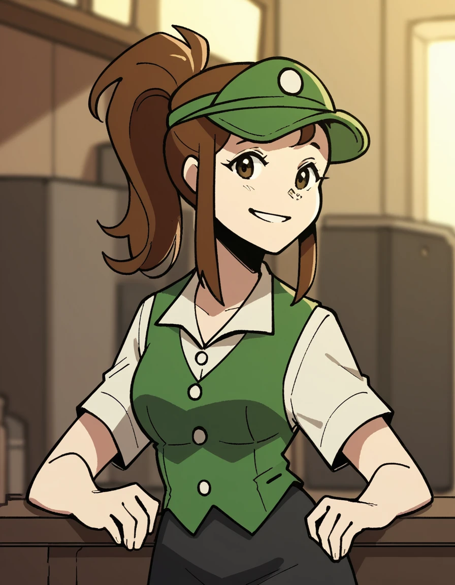 score_9, score_8_up, score_7_up, source_anime,
baristaeli, <lora:barista-eli-tailblazer-ponyxl-lora-nochekaiser:1>,
eli, brown hair, brown eyes, ponytail, sidelocks,
skirt, shirt, hat, white shirt, short sleeves, vest, green headwear, visor cap, green vest,
indoors, smile,
cowboy shot, looking at viewer, solo, dutch angle,