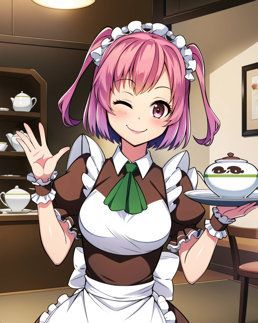 masterpiece, high quality, 1girl, mgrcmakinoikumi, medium shot, upper body, dynamic pose, looking at viewer,pink eyes, pink hair, short twintails, , maid hair ornament, brown with white maid outfit, green tie, maid wrist wraps, (plate in hand:0.95), light smile, indoors, cafe, one eye closed, wink, <lora:mgrcmakinoikumi-05:0.85>