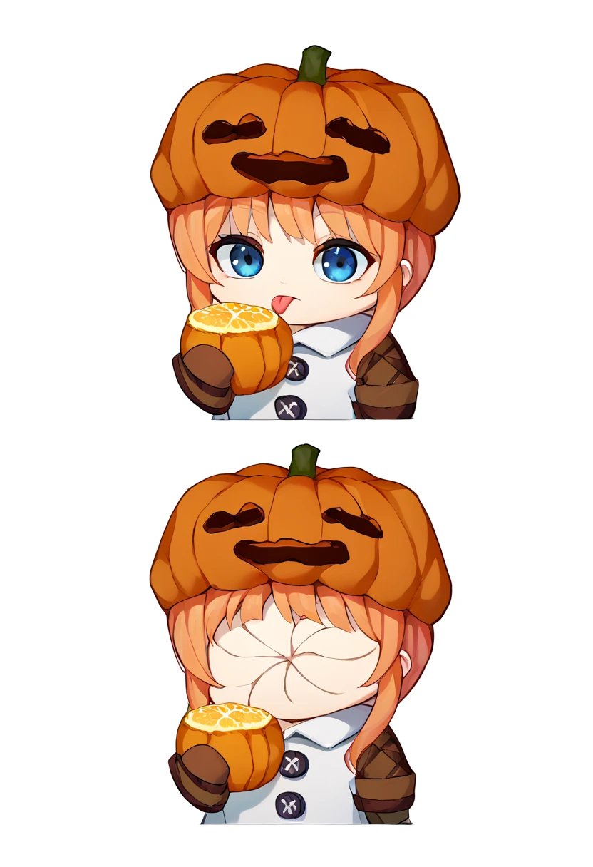 score_9, score_8_up, score_7_up, source_anime, simple background, white background, 2koma, multiple views, chibi, solo, 1girl, sgolem, tongue out, holding fruit, lemon slice, blue eyes, pumpkin hat, white coat, orange sleeves, buttons <lora:meme_thour_ponyXL:1.4> <lora:mcsnowgolem-pdxl-nvwls-v1:0.9>
