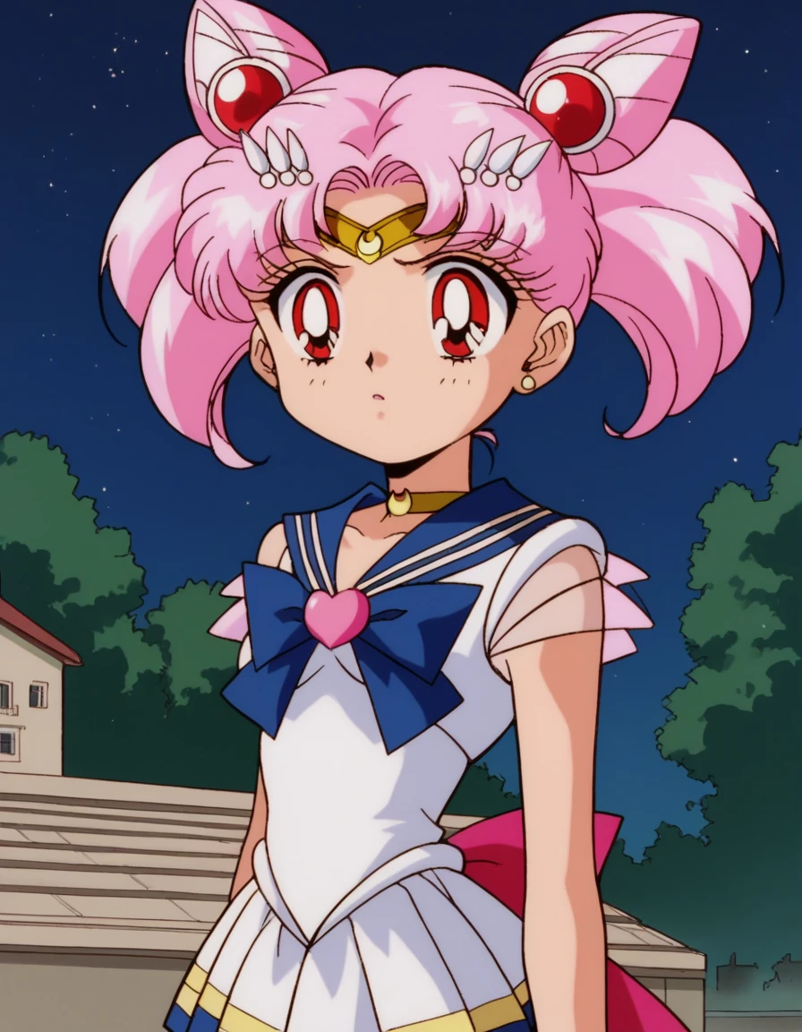 zPDXL, score_9, score_8_up, score_7_up, source_anime, 8k, absurdres, 1990s \(style\), retro artstyle, anime coloring, 
1girl, solo, <lora:SailorMoon_v1:1> slrmn, chibi usa, sailor chibi moon, pink hair, red eyes, petite, child, twintails, double bun, cone hair bun , night sky, night, building, lamppost,