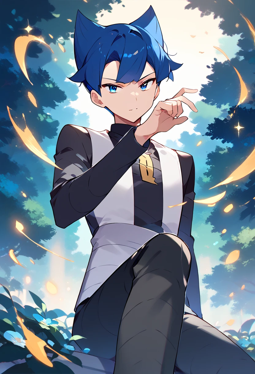 score_9, score_8_up, score_7_up, masterpiece, best quality, amazing quality, best aesthetic, ,absurdres,intricate details,saturn_pokemon, blue eyes, blue hair, black LONG SLEEVES  shirt, grey vest, black pants, grey shoes<lora:EMS-373804-EMS:0.800000>, <lora:EMS-382814-EMS:1.000000>