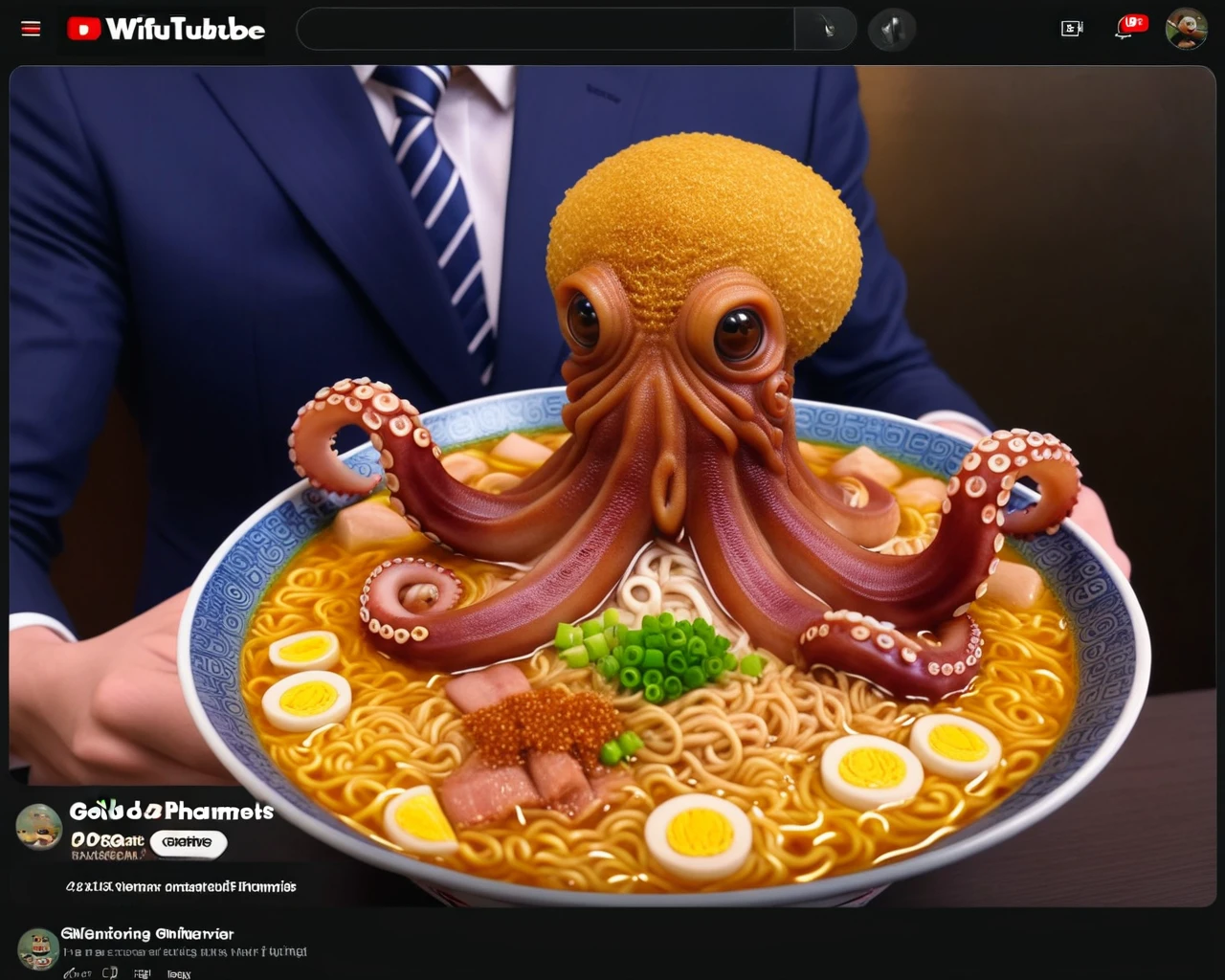 hyperdetailed photography, masterpiece
Octopus with ramen, solo, thumbs up, Yummy!, smile
(ramen:1.2), Ramen bowl, Restaurants, Food Report, gold suit, tie, Gorgeous, flashy
from front
<lora:Video_Sharing_Screen_02:1.0>, video_sharing_screen, chat log, english text, fake screenshot, YouTube