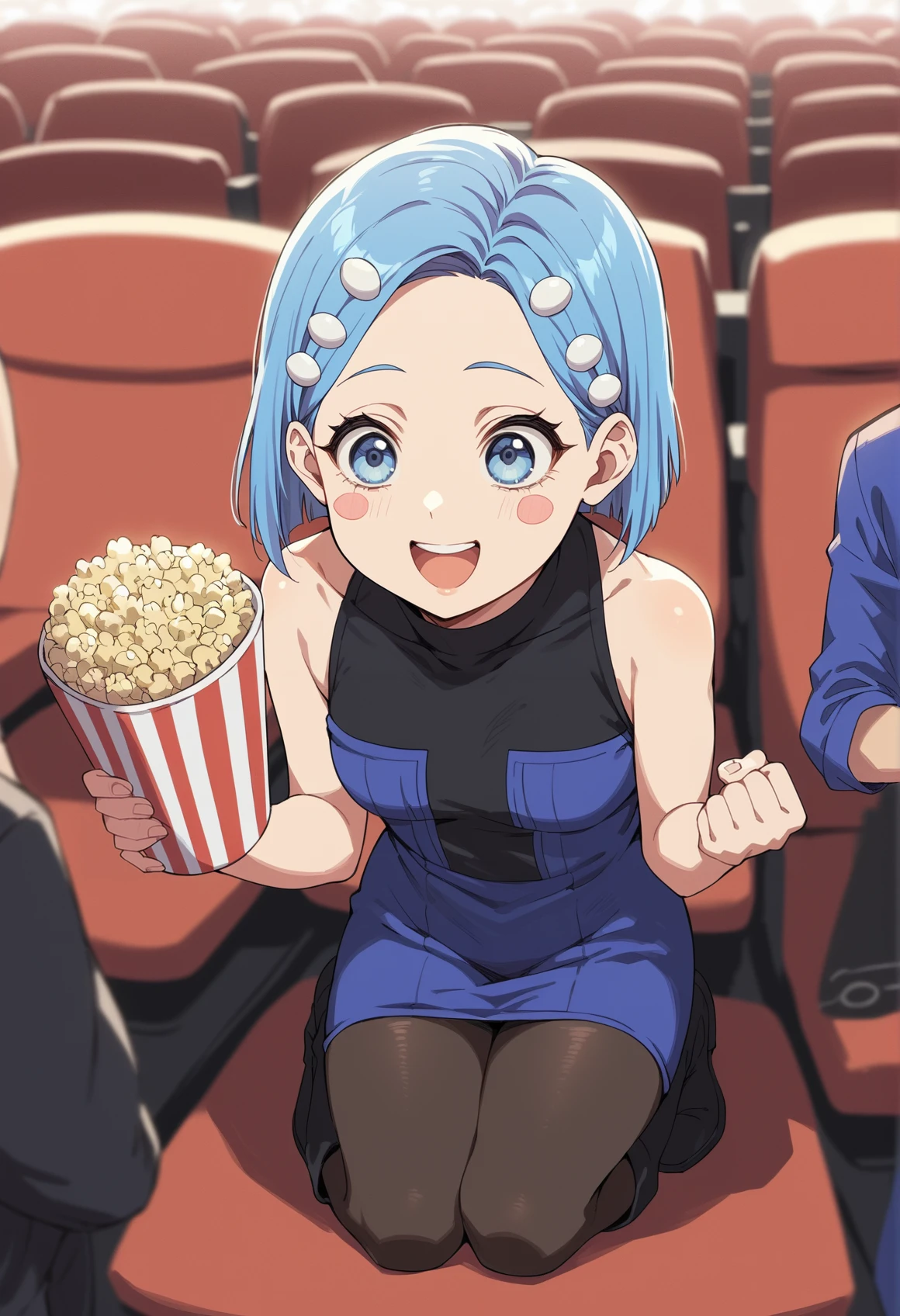 1girl, solo, blush stickers, blue hair, short hair, blue eyes, hair ornament, knitted sweater, bare shoulders, pencil skirt, pantyhose, looking up, indoors, theater, + +, excited, open mouth, smile, clenched hand, boots, full body, popcorn, front view <lora:Komachi_Loser_Ranger:1>, score_9, score_8_up, score_7_up, score_6_up, score_5_up, score_4_up, (m-da s-tarou:0), masterpiece