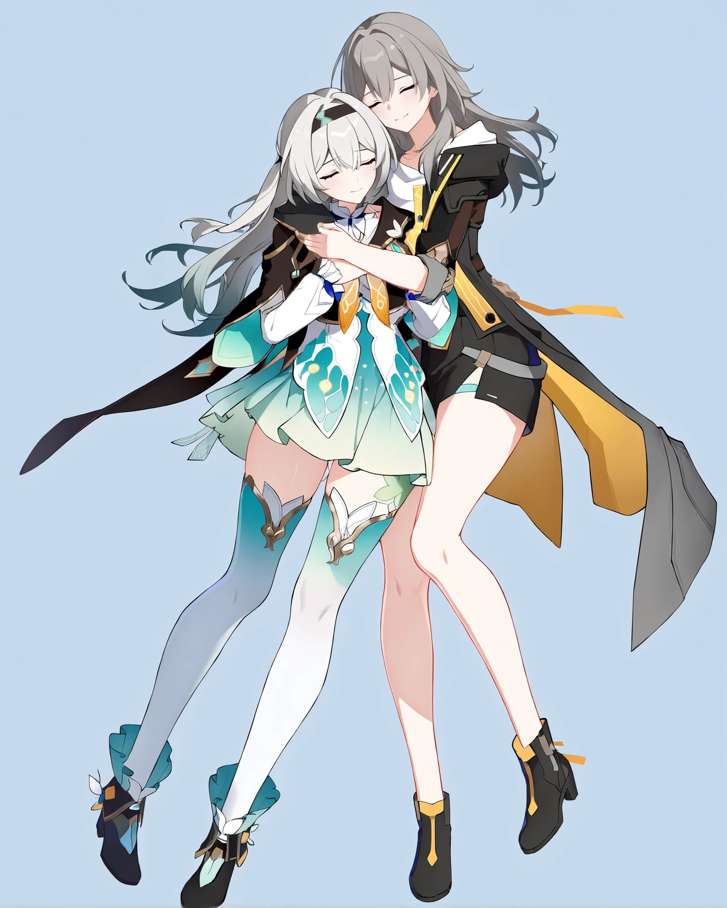(8k:0.9), best quality, masterpiece, (ultra-detailed:1.2), (high detailed skin), full body,
<lora:LKtrainre-A3-Tanger-000010:0.7>, Firefly /(honkai: star rail/), Firefly's def clothes, stelle/(honkai: star rail/), stelle's def clothes, two anime characters hugging together, closed eyes,
simple background,