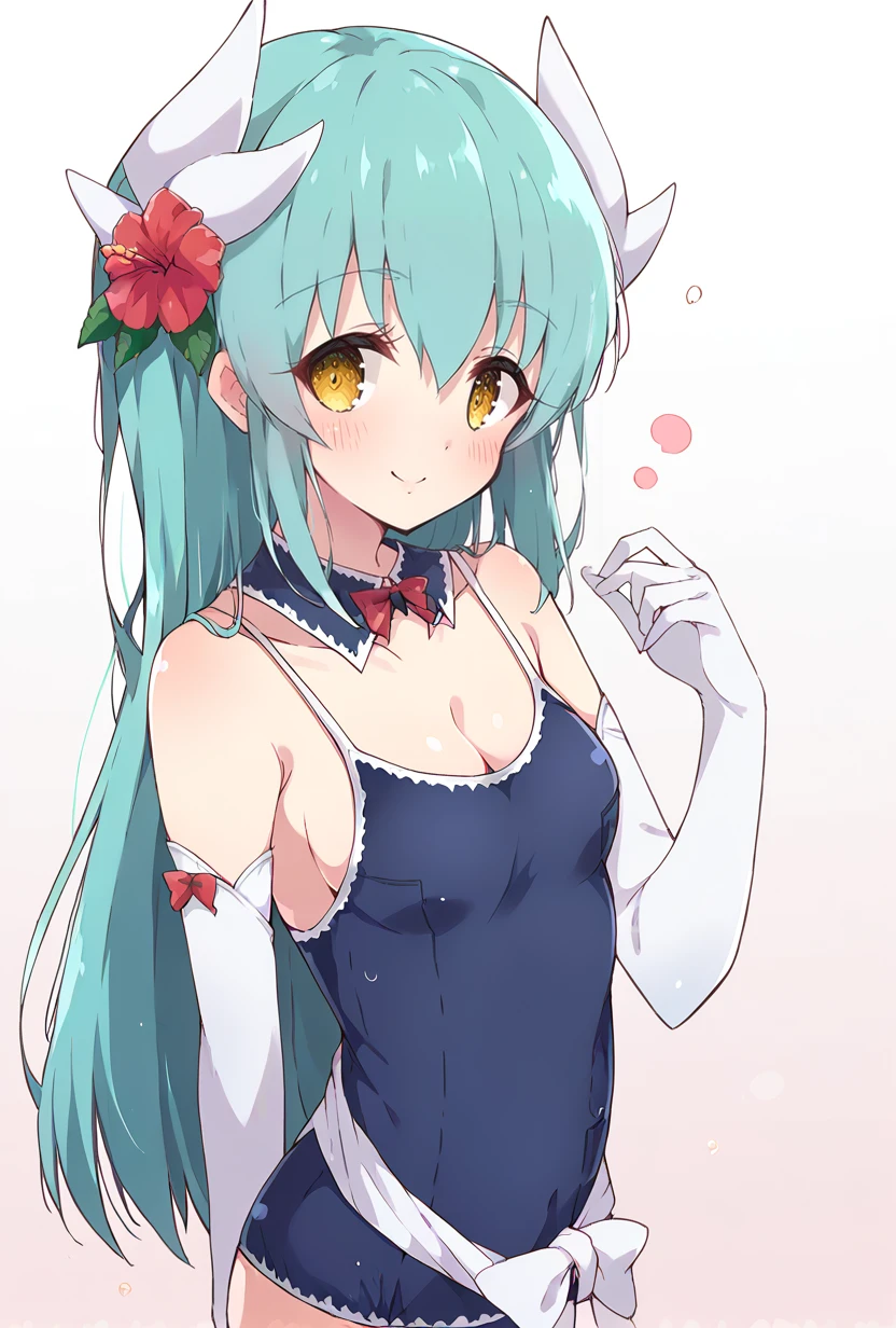 score_9,score_7_up <lora:kiyohime_(lancer)_XL_1:1>  bbkiyo, long hair, aqua hair, white horns, hair flower, yellow eyes, detached collar, cleavage, school swimsuit, blue one-piece swimsuit, elbow gloves, white gloves, sash, blush, smile,   <lora:mel_(melty_pot)-Style-PonyXL-Dora-000028:1>