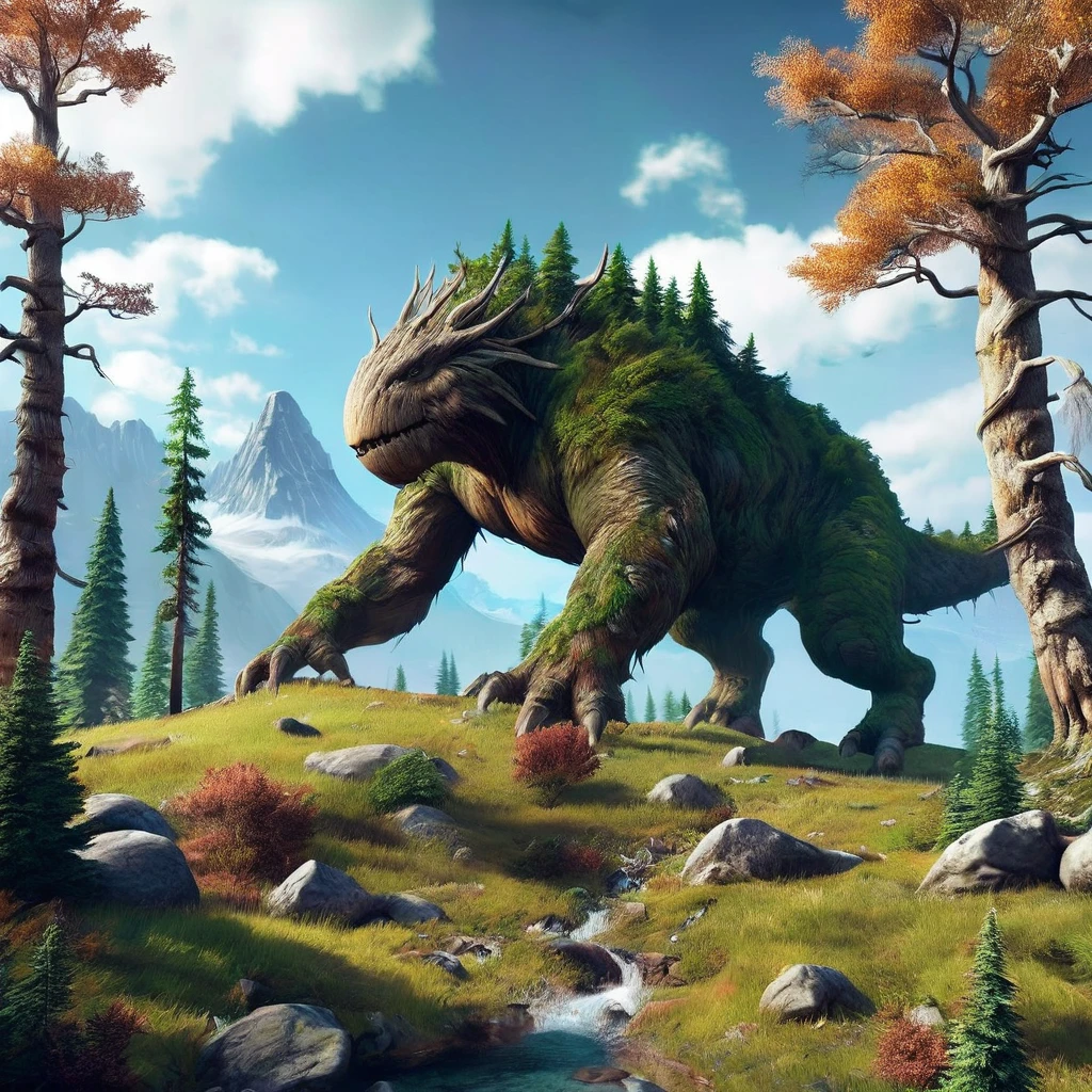 Treeback, creature, trees, on back, on fourth, giant creature, 3d, mountain background, cgi, photographic, realistic