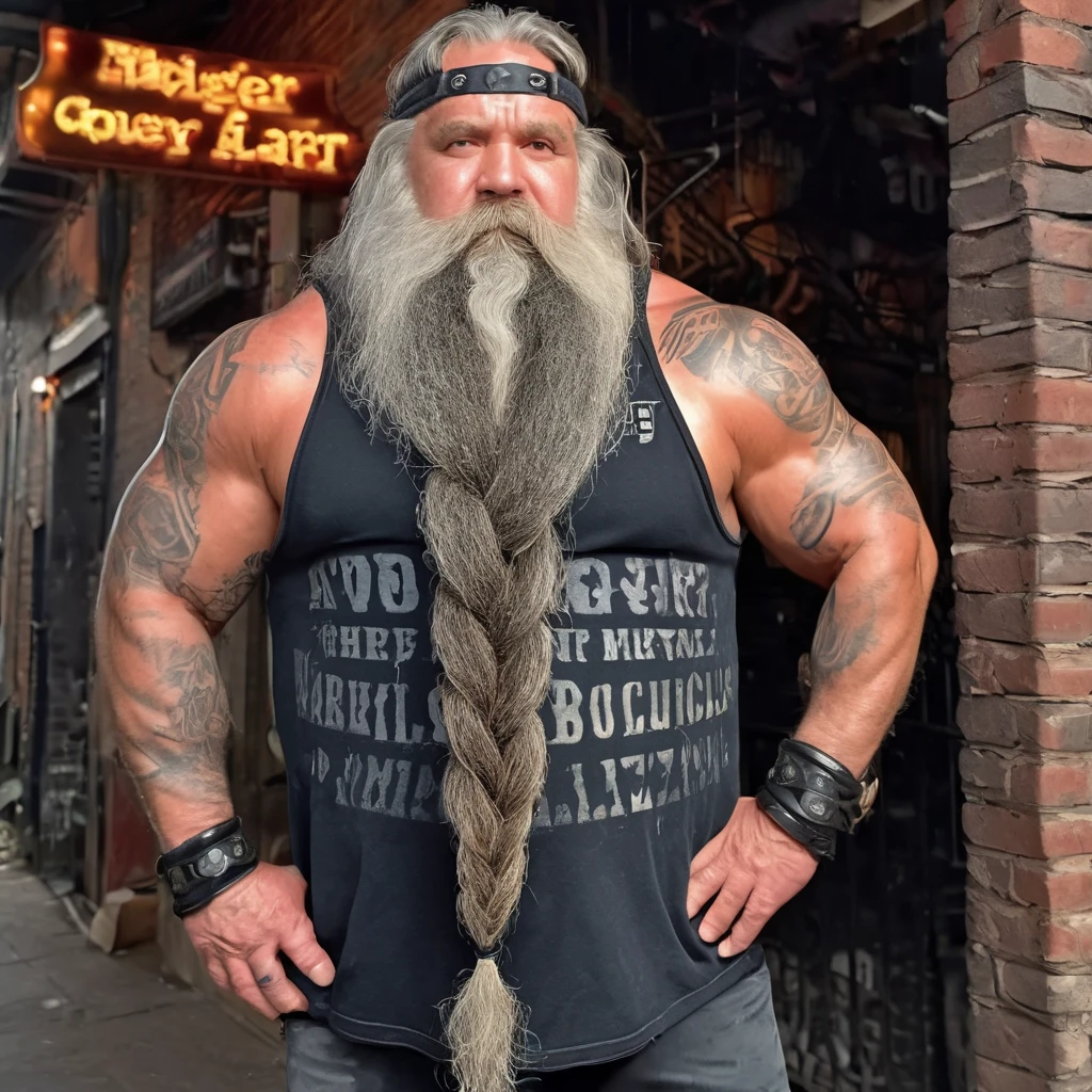 8k  expansive portrait photo of a big old man with a huge braided beard slouching against a post outside a sleazy gay bar in a dimly lit back alley ,full body, side view, messy shoulder length gray  hair, musclebound,  open leather vest , long boots, chain, wristbands,  huge biceps, very hairy tattooed arms folded,  fat, bara, daddybear, rugged masculine face, solo, seductive gaze, hyperrealistic, midnight, detailed background,    <lora:Big_Braided_Beards:1>