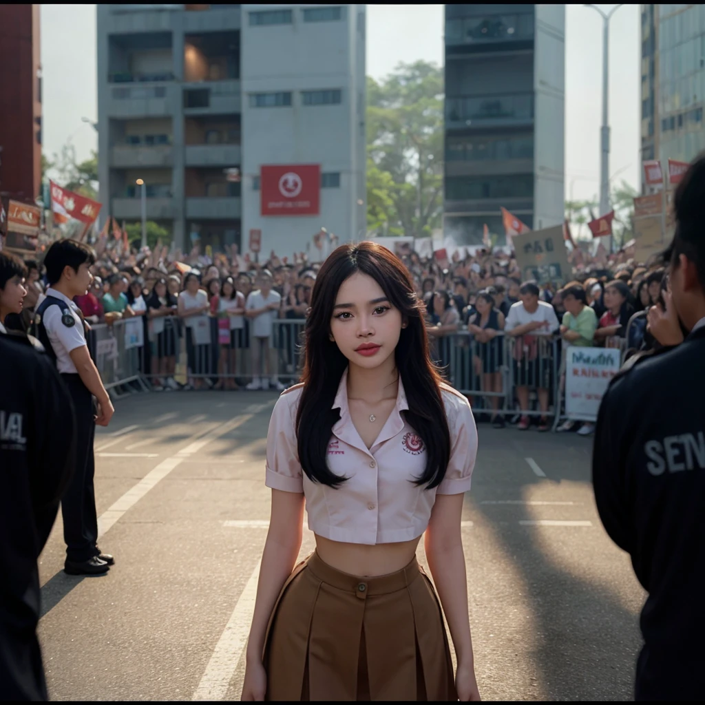 cinematic photo thai a woman in a uniform is standing in front of a crowd <lora:thai:1> . 35mm photograph, film, bokeh, professional, 4k, highly detailed