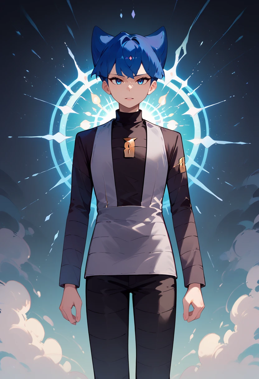 score_9, score_8_up, score_7_up, masterpiece, best quality, amazing quality, best aesthetic, ,absurdres,intricate details,saturn_pokemon, blue eyes, blue hair, black LONG SLEEVES  shirt, grey vest, black pants, grey shoes,score_6_up<lora:EMS-373804-EMS:0.800000>, <lora:EMS-382814-EMS:1.000000>