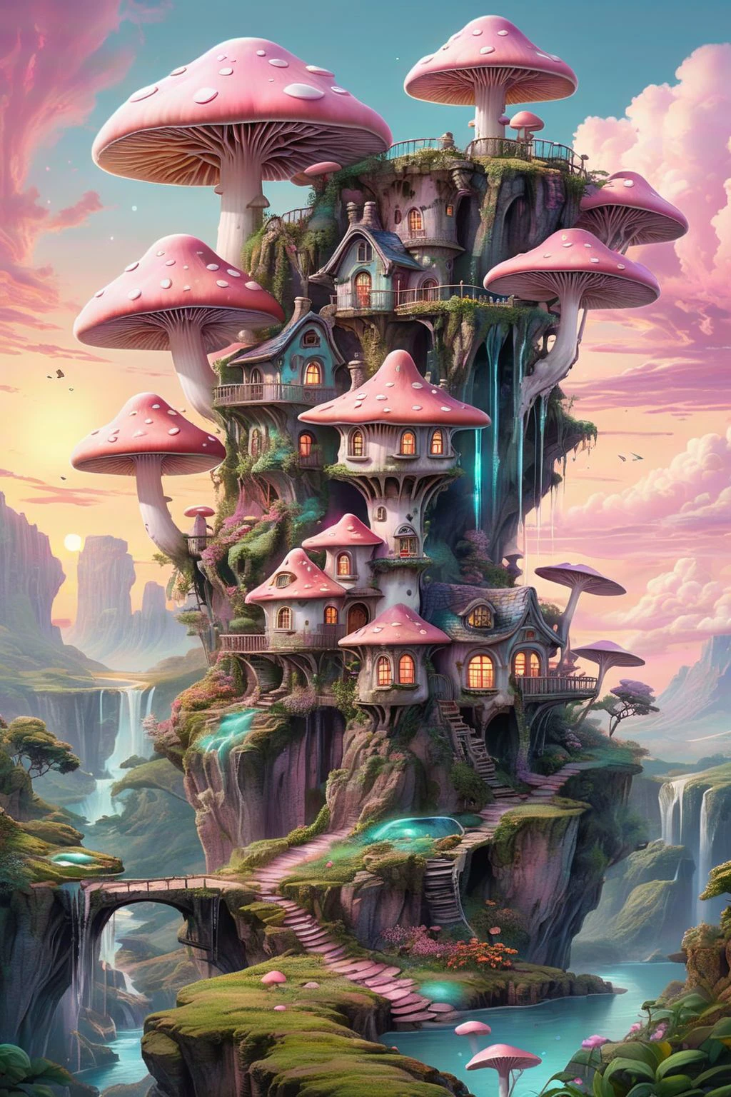 Whimsical illustration of a cozy mushroom house perched on the edge of a cliff, surrounded by lush greenery and sparkling waterfalls, soft pastel colors, dreamy lighting, sunset whis pink clouds
dagobahlnd  <lora:DagobahLnd:0.7>, extremely high quality RAW photograph, detailed background, intricate, exquisite details and textures, highly detailed, ultra detailed photograph, warm lighting, artstation, sharp focus, high resolution, detailed skin, detailed eyes, 8k uhd, dskr, high quality, film grain, Fujifilm XT3