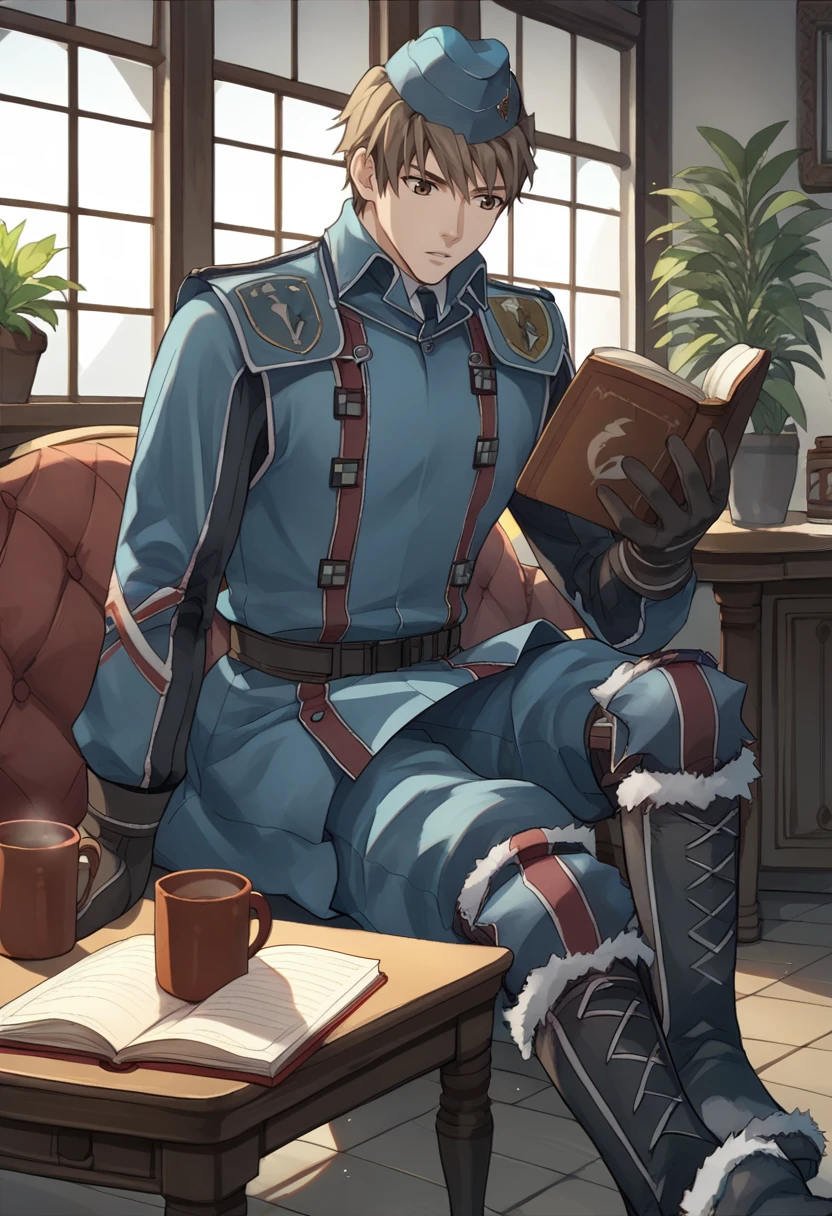 score_9, score_8_up, score_7_up, source_anime, 1boy, sitting, reading, open book, parted lips, <lora:WelkinVC-pdxl:1> welkinVC, short hair, garrison cap, military uniform, blue jacket, long sleeves, belt, gloves, blue pants, knee pads, boots, indoors, table, mug, potted plant