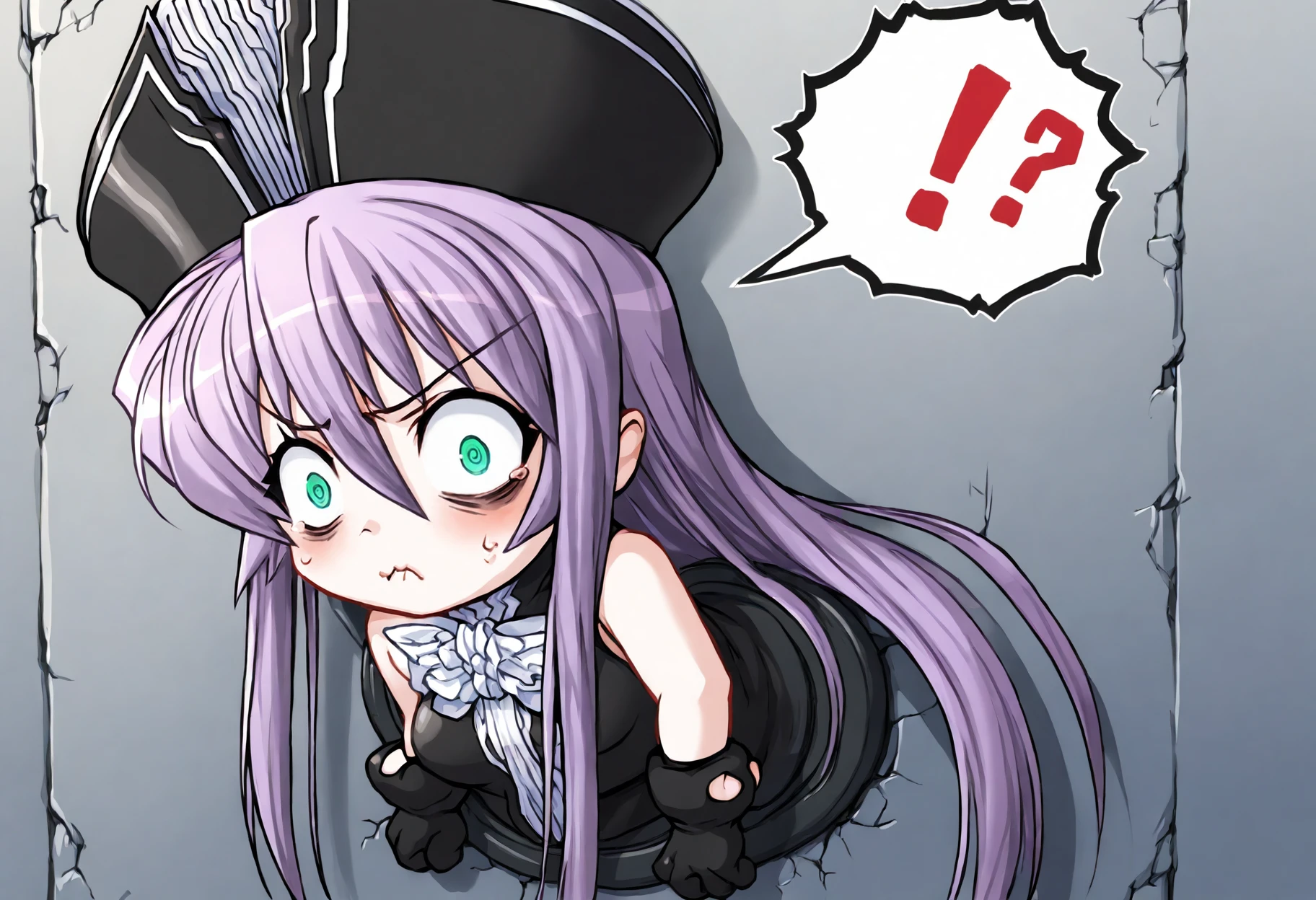 score_9, score_8_up, score_7_up, source_anime, uncensored, zPDXLxxx, <lora:intricate_details:0.5> intricate_details_xl, through wall, stuck
<lora:Al_Azif_v1.1:1> Azif, al azif, 1girl, solo, purple hair, chibi, long hair, gloves, hat, dress, very long hair, closed mouth, pout, @ @, crazy eyes, confused, spoken exclamation mark, out of frame