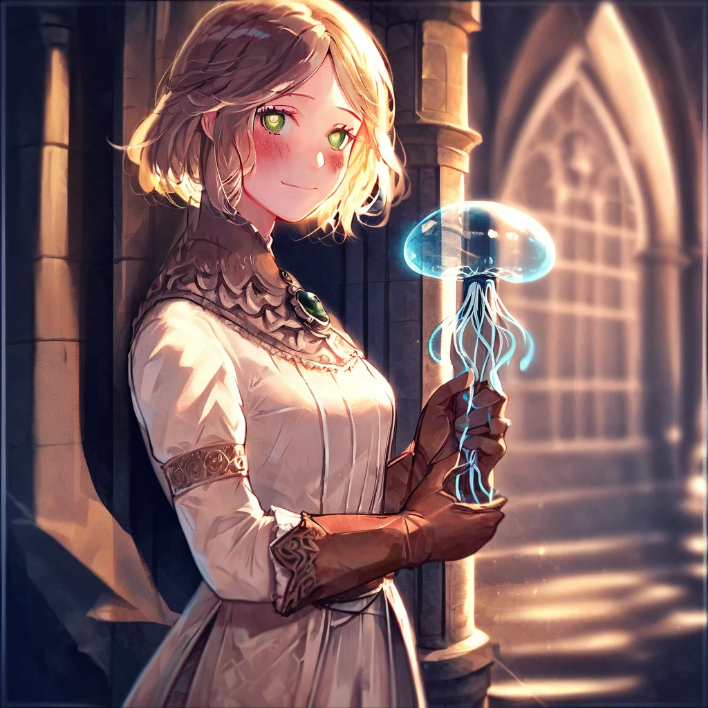 1girl,solo,
<lora:Roderika:1>,roderika,elden ring,looking at viewer,bright pupils,green eyes,smile,blush,holding jellyfish,brown gloves,dress,brooch,church, seiza,, (score_9,score_8_up,score_7_up), anime style, beautiful detailed skin, beautiful eyes, detailed face, best quality, high quality,