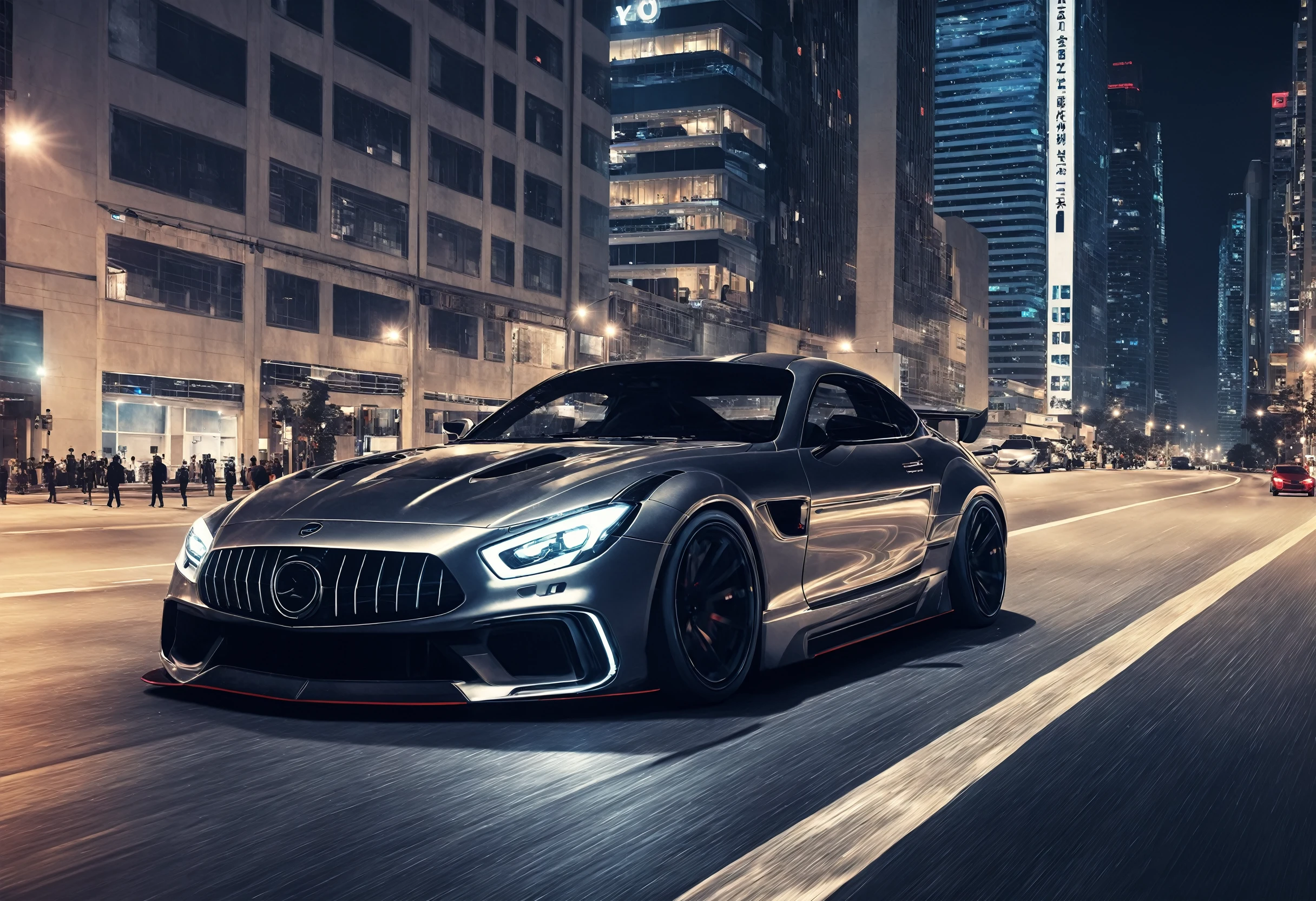 ((masterpiece,best quality)), ultra detailed, multiple widebody sports cars racing through downtown city at night, skyscraper, city road, skyscraper, <lora:WBC-XL-v1-000006:0.9>