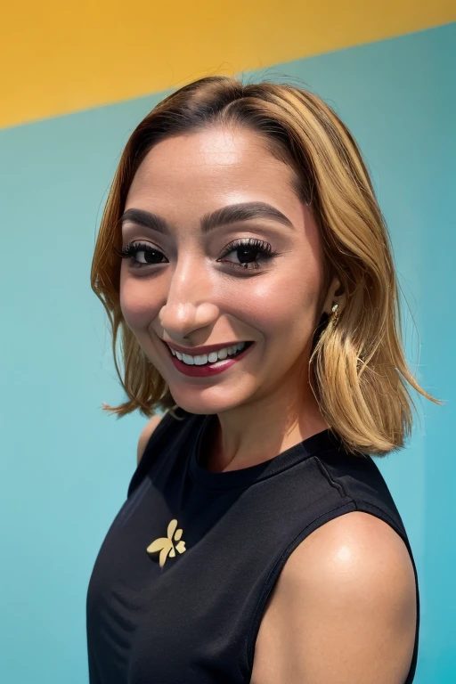 masterpiece, best quality, <lora:danielap-10:0.7> danielap, a woman wearing black shirt, blonde hair, upper body, looking at viewer, smile, indoors, simple background, aqua background, absurdres, highly detailed, perfect photo