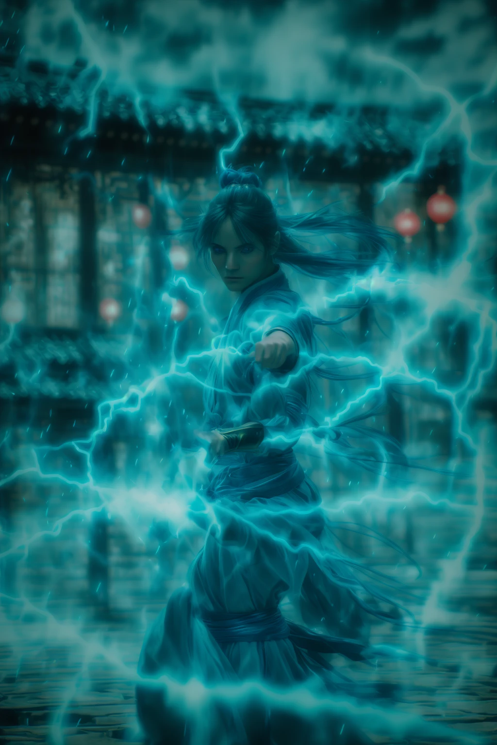 fighting stance,dancing,ancient-costume,cyan-aura,using cyan-lightning-magic,cyan-lightning-magic,using cyan-magic,cyan-magic,1girl,solo,long hair,blue eyes,<lora:magic_fighting_cyan_512_dreamshaper_8_3:1>,