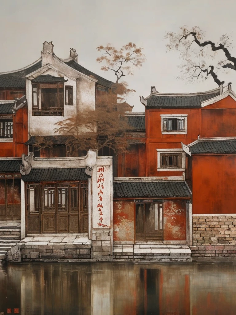 Lacquer painting landscapes,lacquer painting,Jiangnan water town, awning boat, sense of history, heavy, texture, lacquer. Arts and Crafts, Extreme Detail, Texture, Best Quality, Masterpieces, Award-Winning Works, Official Art.