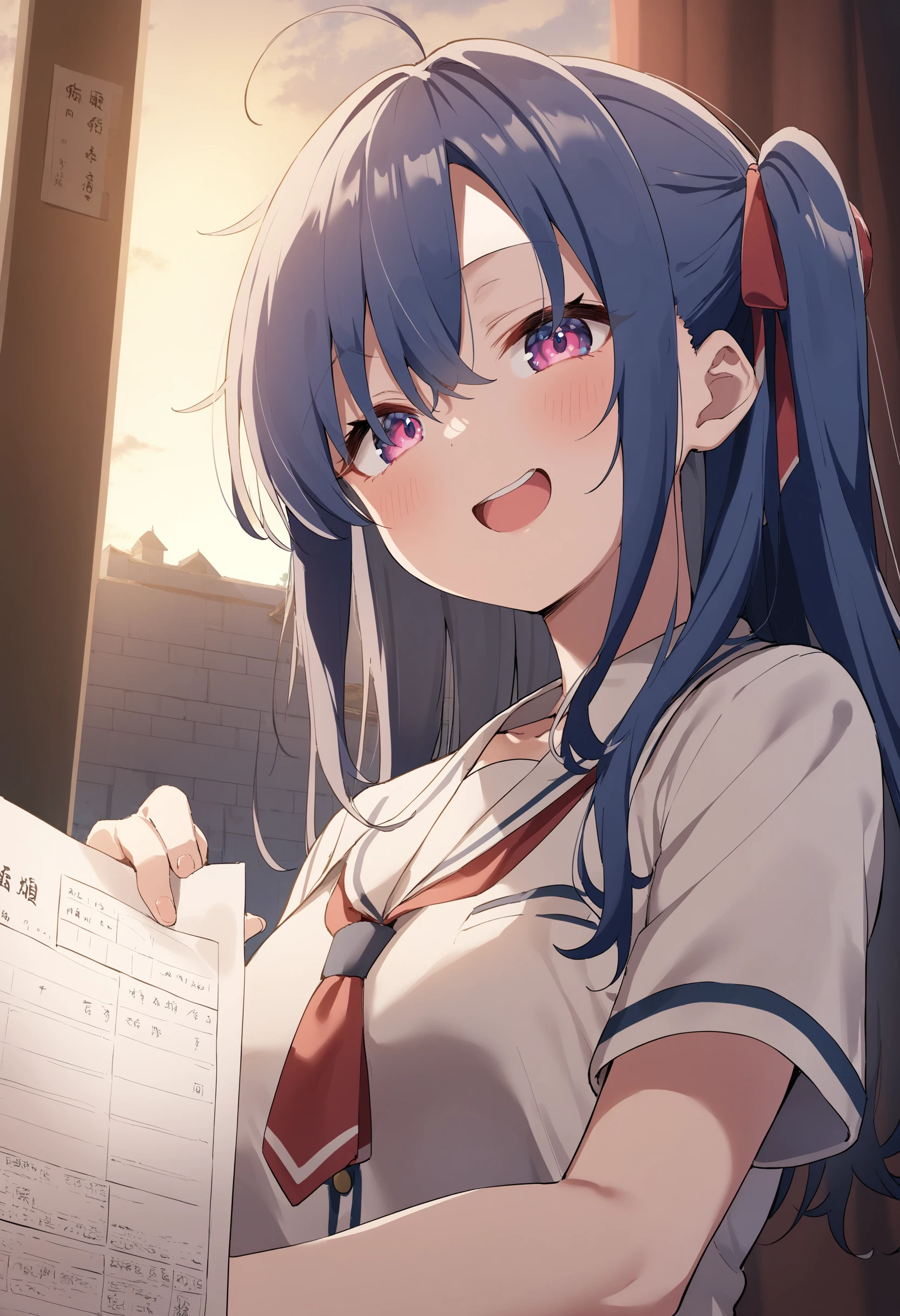 1girl,sincos, ningen mame, toosaka asagi,solo,medium breasts,school uniform,
marriage certificate,<lora:marriagecertificate_XL_v1:0.9>
from below, portrait, looking back, blue hair, pink eyes,grin, at castle, open mouth, split ponytail hair,,
best quality, very aesthetic, absurdres