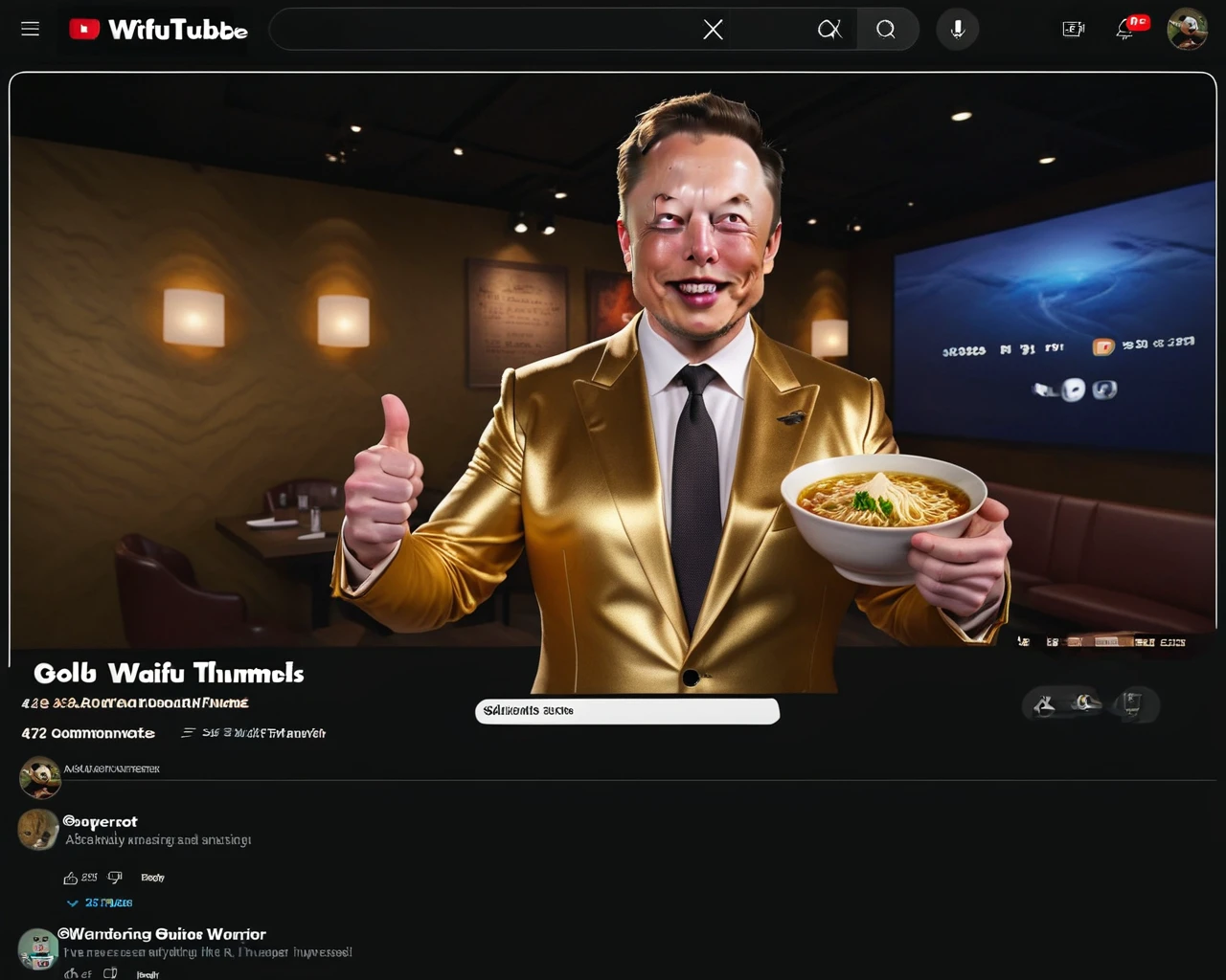 hyperdetailed photography, masterpiece
Elon Musk with ramen, solo, thumbs up, Yummy!, smile
(ramen:1.2), Ramen bowl, Restaurants, Food Report, gold suit, tie, Gorgeous, flashy
from behind, rear view
<lora:Video_Sharing_Screen_02:1.0>, video_sharing_screen, chat log, english text, fake screenshot, YouTube
