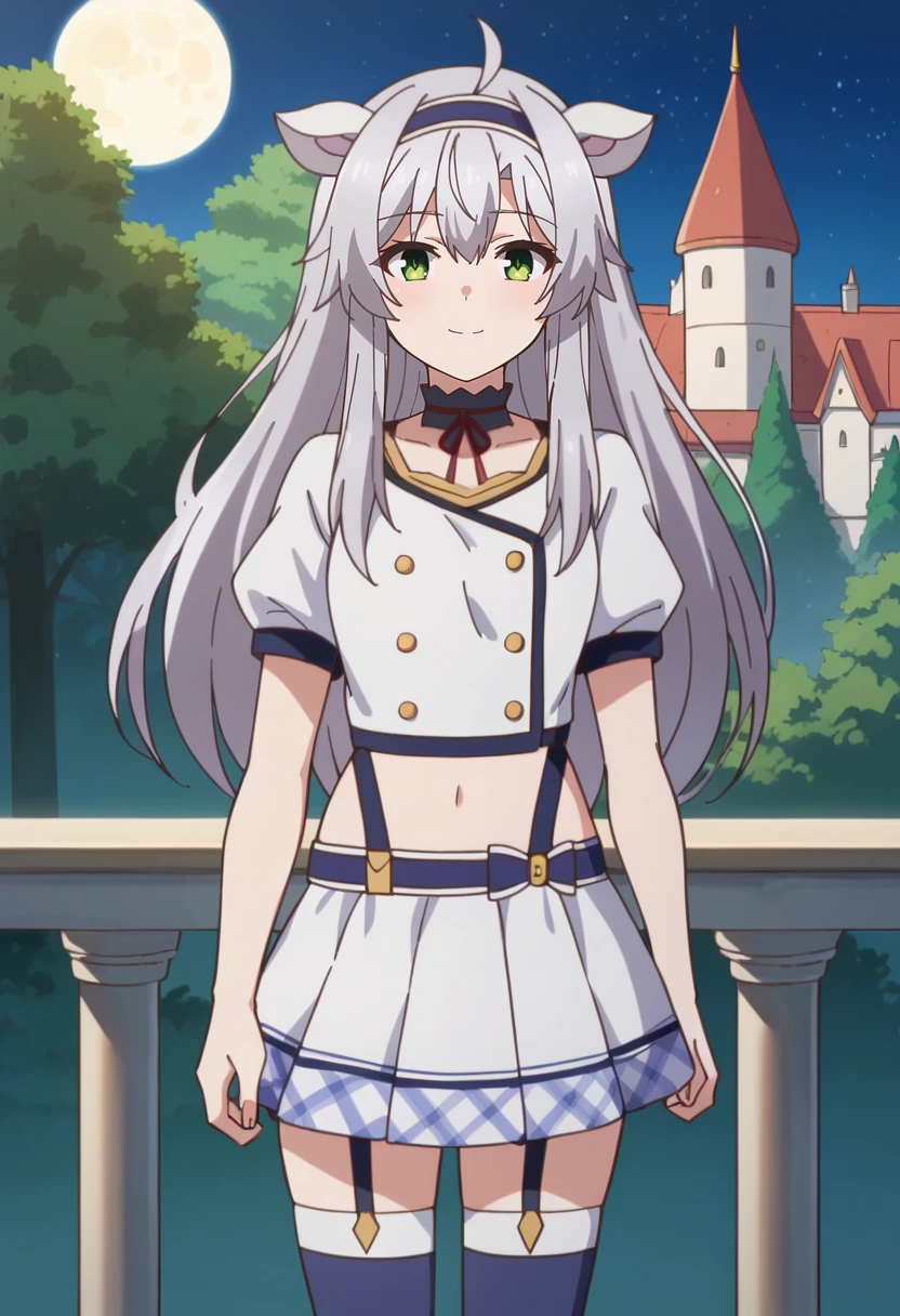 score_9, score_8_up, score_7_up, source_anime, 
<lora:Rokuaka_SistineFibelXL:0.8>, SistineFibel,
1girl, solo, closed mouth, light smile,
grey hair, green eyes, long hair, ahoge, animal ears, hairband,
SistineSchool, choker, red ribbon, white shirt, crop top, garter straps, white skirt, blue thighhighs, buttons, short sleeves, asymmetrical clothes,
standing, looking at the viewer,
outdoors, forest, medieval, castle, balcony, moon, night, starry sky