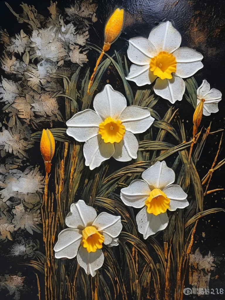 lacquer painting,The Lacquer painting landscapes, White daffodils, on a dark background, heavy, textured, lacquer texture. Arts and Crafts, Extreme Detail, Texture, Best Quality, Masterpieces, Award-Winning Works, Official Art.