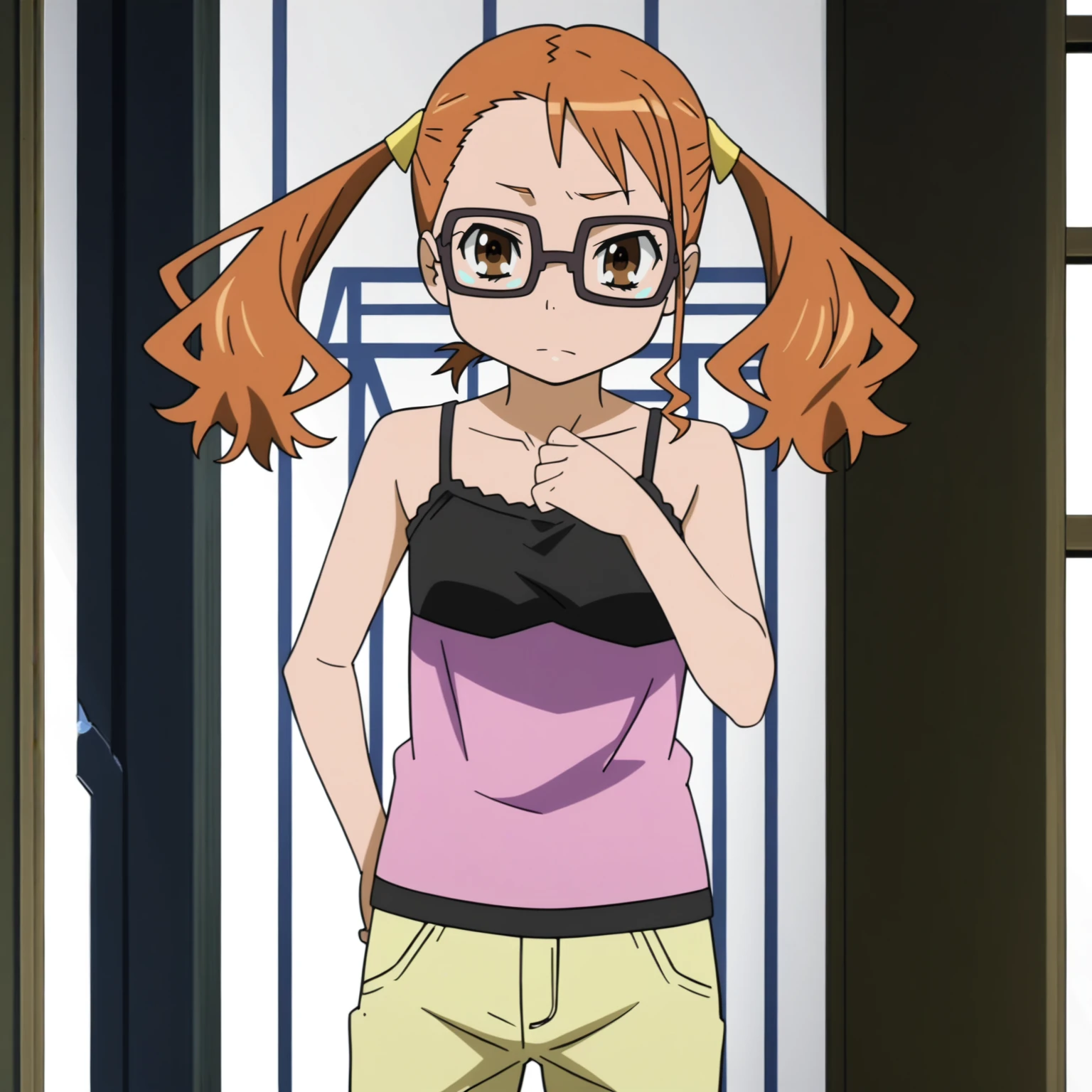 camisole,miniskirt, glasses, smile, standing, , indoor,(((lift skirt,panties)))