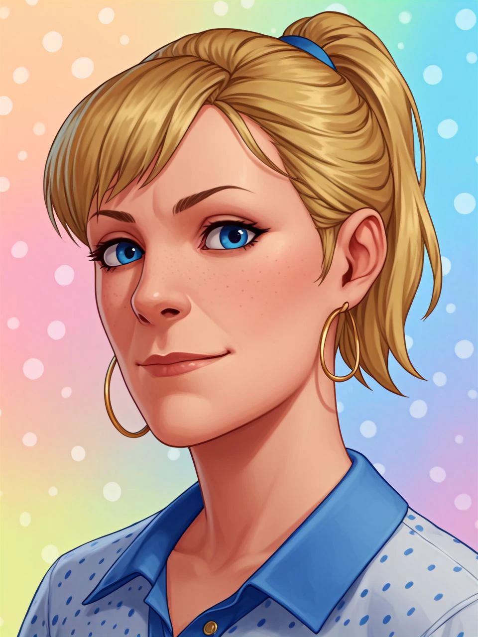 score_9, score_8_up, score_7_up, score_6_up, score_5_up, score_4_up, BREAK
blonde hair, short ponytail, hair jewelry, blue eyes, makeup, hoop earrings, 
dotted polo shirt,
portrait, upper body, looking at viewer, warm faint smile, closed mouth,
(portrait studio, colorful abstract background, textured portrait backdrop:1.1),
 <lora:joyceLIS_PDXL:1> joycelis,