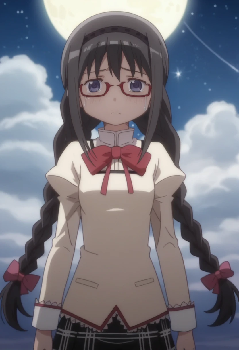 score_9,score_8_up,score_7_up,score_6_up,score_5_up,score_4_up, hi res, digital media (artwork), anime coloring, anime screencap,anime keyvisual,1girl,solo, black hair,cowboy shot,<lora:megahomu-v2:0.8>,twin braids, night sky, starry sky, full moon,sad,tears, looking at viewer,mitakiharasc,megahomu,
