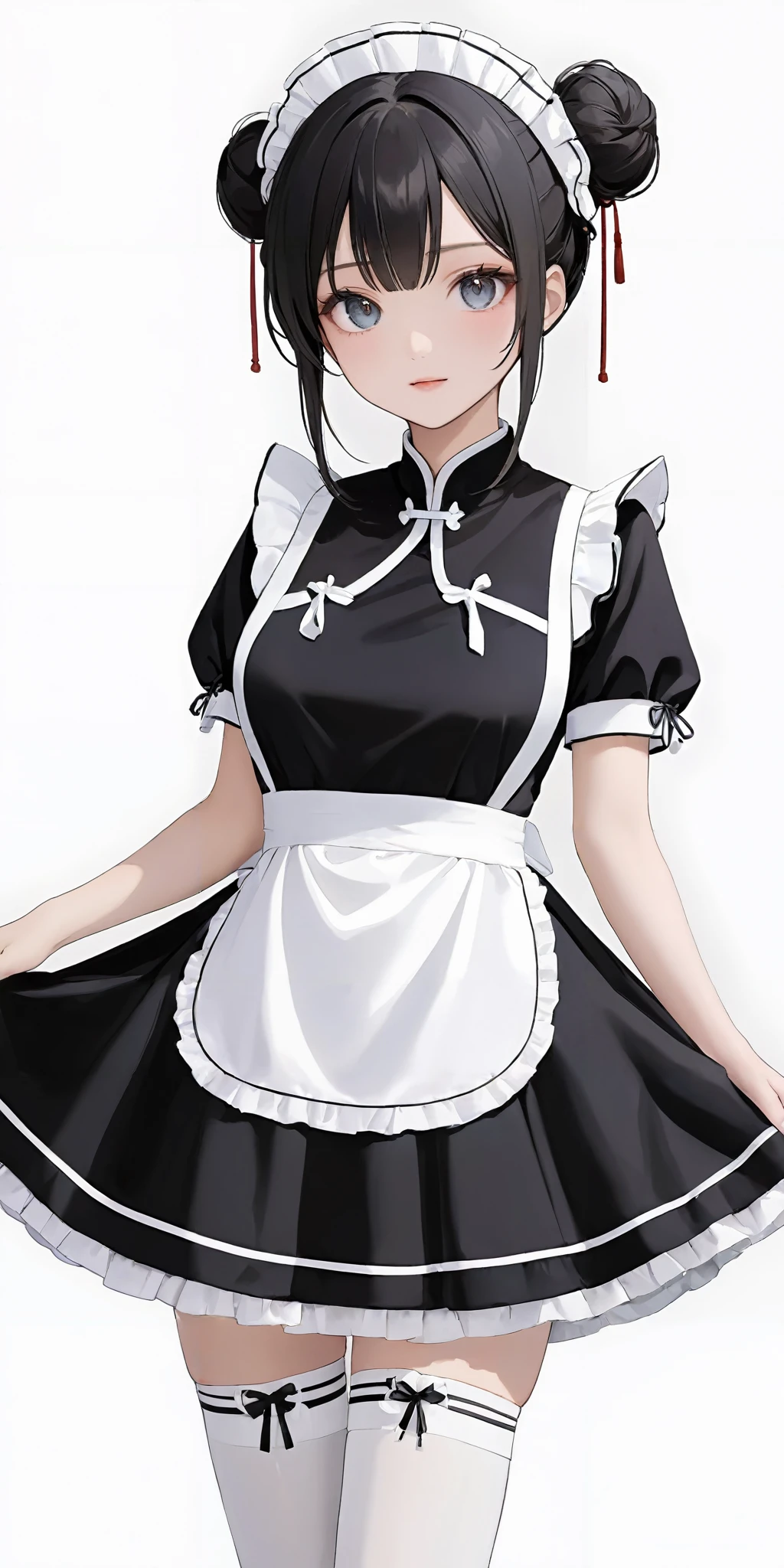 masterpiece,ultra-detailed,best quality,8K,illustration,cute face,clean skin ,shiny hair,girl,ultra-detailed-eyes,simple background, <lora:add-detail-xl:1> <lora:china maid_XL_V1.0:0.9> china maid, jyojifuku, frills, double bun, thighhighs