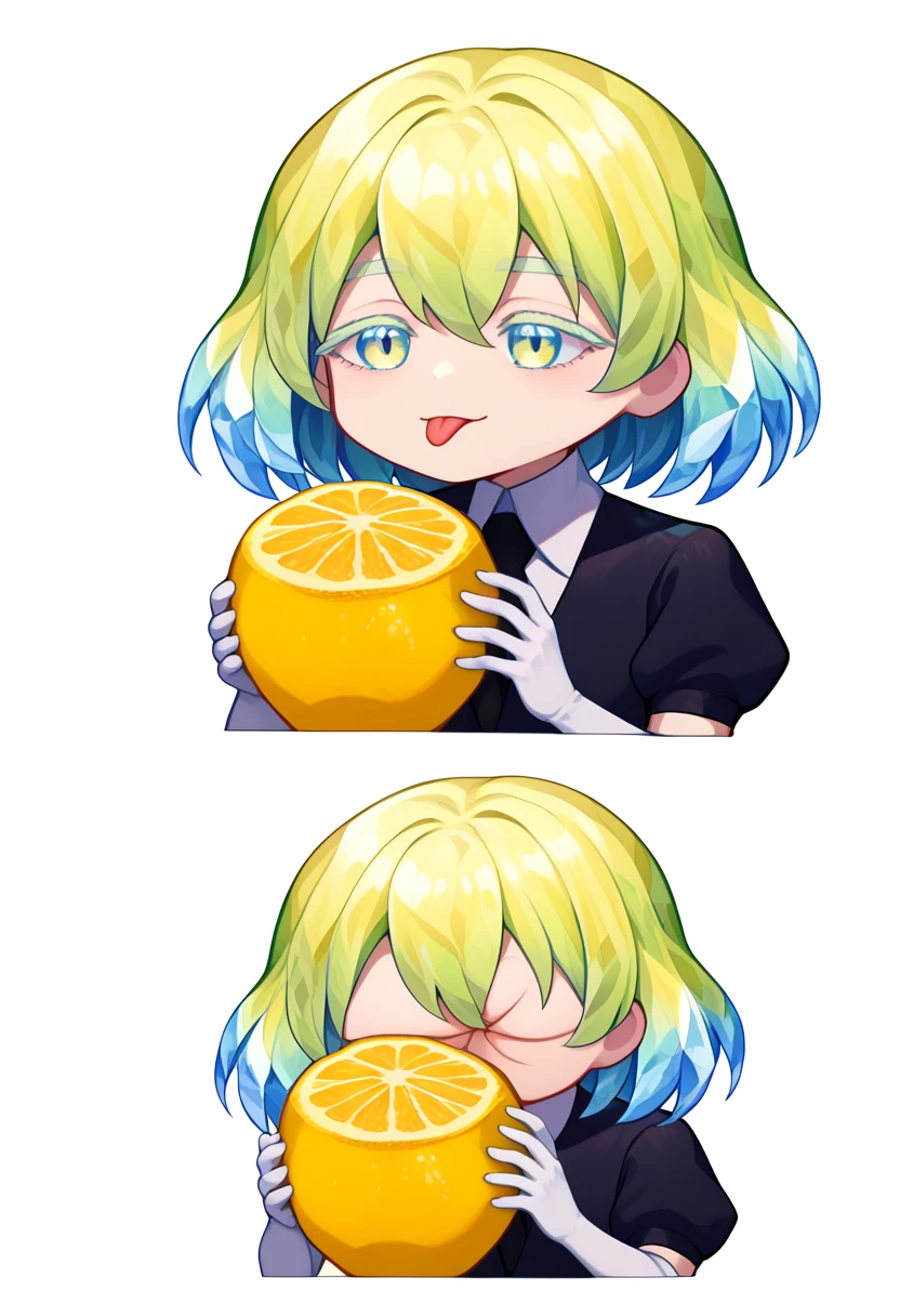 score_9, score_8_up, score_7_up, simple background, white background, 2koma, multiple views, chibi, solo, 1girl, hskdmnd, tongue out, holding fruit, lemon slice, crystal hair, colored eyelashes, multicolored hair, short hair, black shirt, puffy short sleeves, collared shirt, black necktie, elbow gloves, white gloves <lora:meme_thour_ponyXL:1.4> <lora:Hoseki_HousekiNoKuni_Diamond_PDXL_v1:0.9>