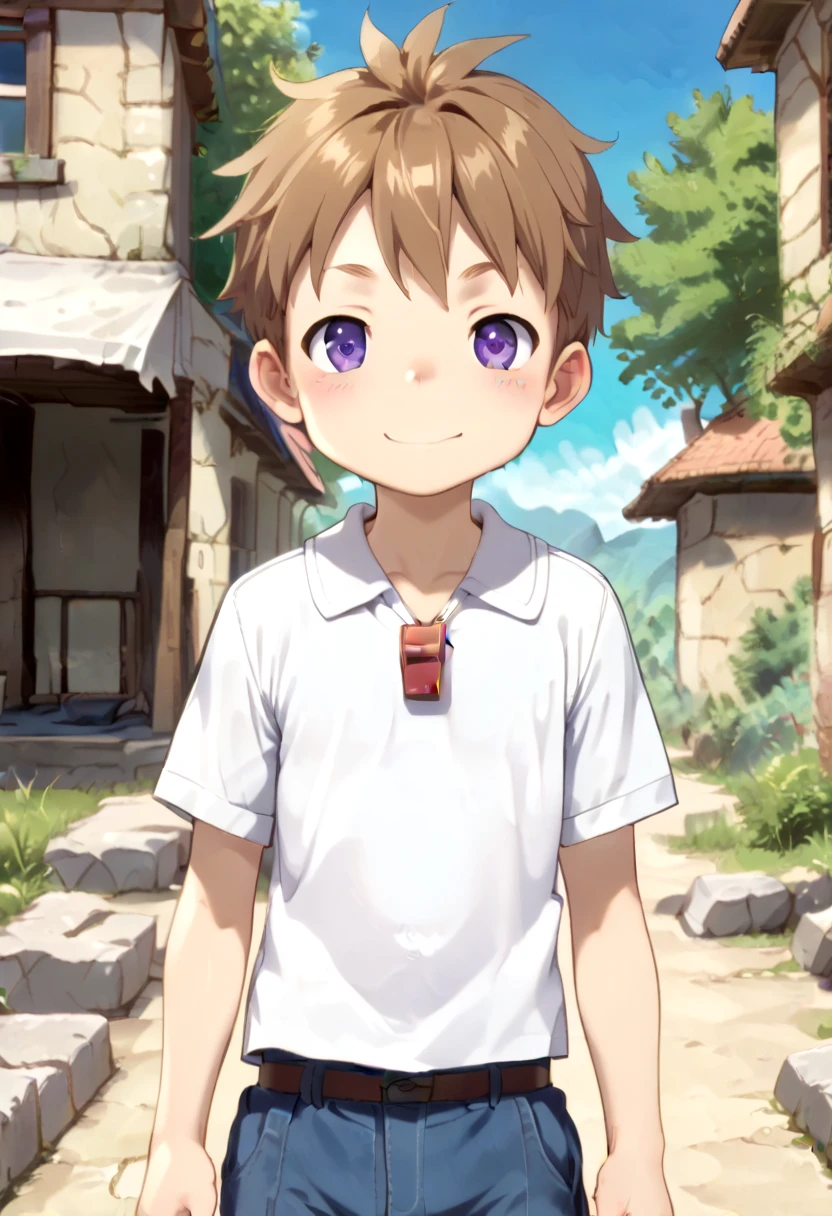 score_9, score_8_up, score_7_up, detailed eyes, BREAK
straight on shot, standing,
 <lora:natPony-000016:0.7>mia_nat, petite, aged down, child,
one boy standing in a stone village.
He has Brown hair and purple eyes.
He wears a red whistle as a pendand around his neck,
faint smile