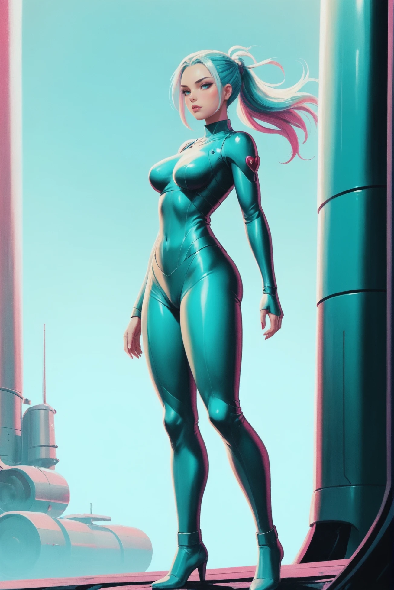 retro 1920s fantasy poster, rough brush strokes, anime style, 1girl, woman, scifi, cyber-ninja, full body, wearing skin-tight shiny light color:teal work clothes, bombshell hair, reflective light color:cyan hair, Heart Braid, magenta clothes, soft body, wide hips, narrow waist, medium breasts, caucasian, Gang Headquarters in a Derelict Building \(room\) in a forever,mysterious scifi megastructure beyond the beginning of time<lora:EnvyStarlightRetro03:1.25>