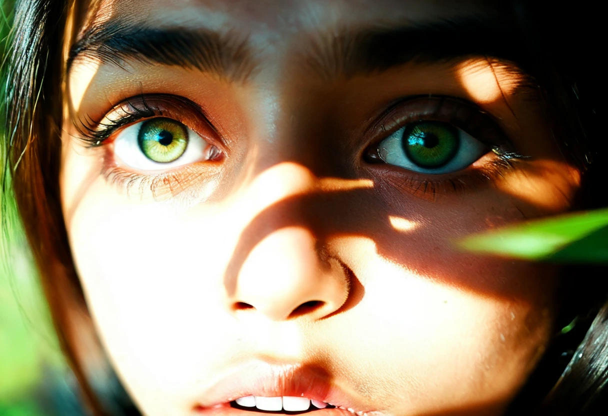(translucent) (macro:0.1) photography by Alessio Albi and RHADS and Aleksi Briclot and Ruan Jia and Filip Hodas and Android Jones, detailed skin texture, expressing (eyes set in a distance from each other:1.4), (full face:1.5), young (cute Indian:1.3) girl with striking green eyes and (wide lips and narrow jawline:1.4), (eye catchlight, eye reflection), extreme close view, beautiful (high contrast natural lighting with sunlight and shadows playing together), out of focus background, bokeh, 24mm lens, wide field, (low view)