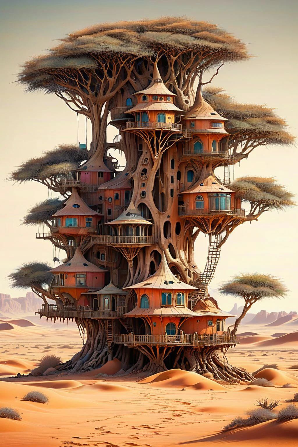 Surrealistic dreamy landscape of a tree house in the middle of a desert, realistic textures and lighting, intricate details of the tree house and surrounding landscape, long shot perspective, vibrant colors contrasting with the dry desert setting
dagobahlnd  <lora:DagobahLnd:0.7>, extremely high quality RAW photograph, detailed background, intricate, exquisite details and textures, highly detailed, ultra detailed photograph, warm lighting, artstation, sharp focus, high resolution, detailed skin, detailed eyes, 8k uhd, dskr, high quality, film grain, Fujifilm XT3