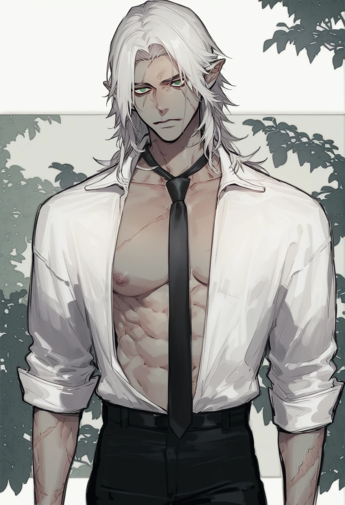 <lora:extraooAKB:0.8>,extraoo,1boy,solo,white hair,scar,scar on face,pauldrons,long hair,pectorals,scar on cheek,green eyes,nipples,forehead,necktie,pointy ears,solo,grey skin,scar,shirt,collarbone,cowboy_shot,black pants,, score_9,score_8_up,score_7_up,source_anime,
