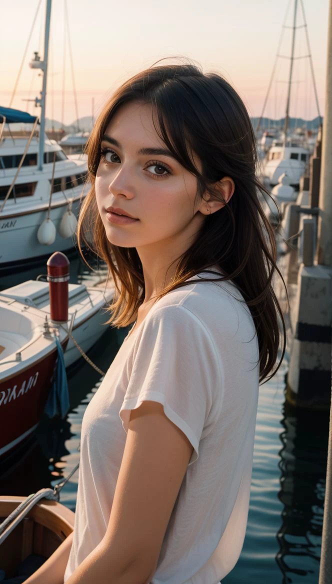 (masterpiece drawning, high quality), (solo:1.1), a digital art of a spanish girl, epic Sunrise, boat port, (soft lighting), Porta 160 color, shot on Leica T, sharp focus on subject, shot by Candida Höfer, Extreme detail, (vibrant color), (random background), depth of field