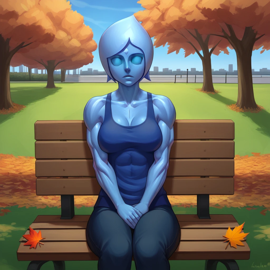 score_8_up, BREAK,  FI , 1girl, solo, short hair,  blue skin,  no eyes,  <lora:FI_SkywardSword_XL_Leaf1v3:1>,  cowboy shot,  muscular, tank top, sitting on bench, park, autumn leaves,