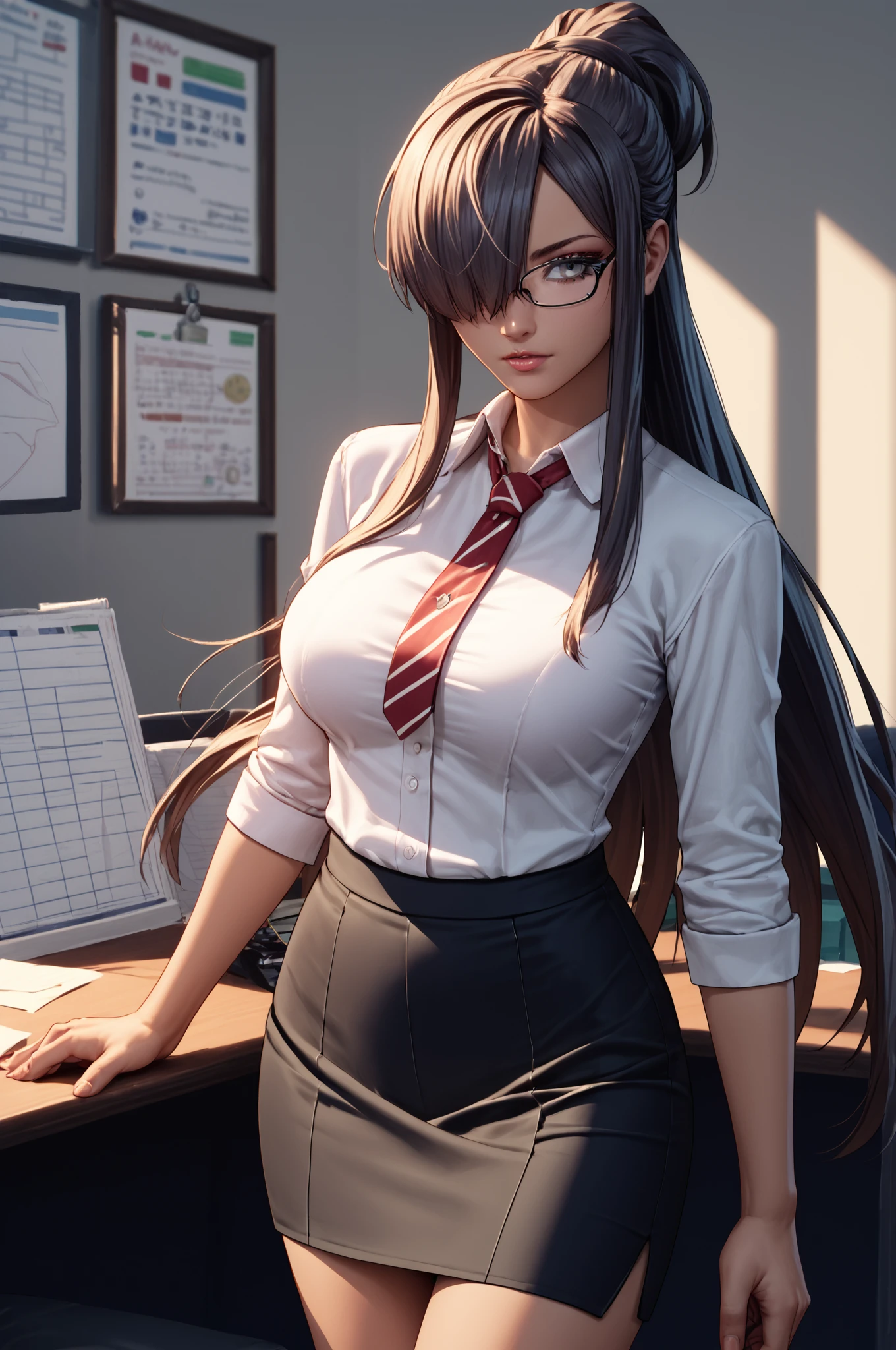 score_9, score_8_up, score_7_up, score_6_up, score_5_up, score_4_up, <lora:Fatima_epoch_8:0.99> fatima_\(luminous_arc\), long_hair, hair_over_one_eye, 
glasses, collared_shirt, skirt, office_lady, tied_hair, , (high quality, detailed, beautiful)