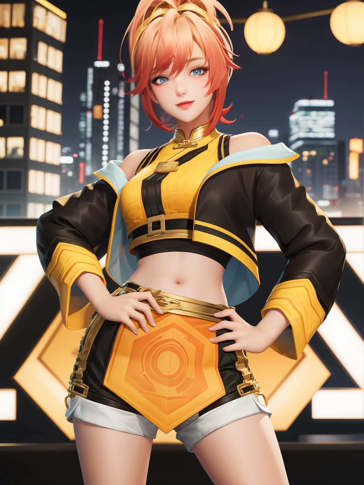 WZRYjixiaomanYP, 1girl, solo, blue eyes, orange hair, looking at viewer, short hair, midriff, shorts,yellow crop top, black cropped jacket,ponytail,off shoulder, <lora:WZRYjixiaomanYP:0.75>,cityscape, night, ponytail, (light smile:0.7),hand on hip,long sleeves,