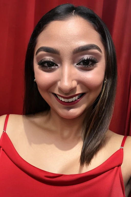 masterpiece, best quality, <lora:danielap-10:0.7> danielap, a woman in a red dress, low neckline, upper body, looking at viewer, smile, simple background, absurdres, highly detailed, perfect photo