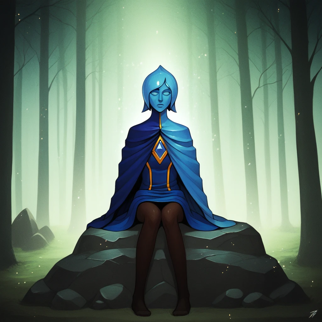 score_8_up, BREAK,  FI , 1girl, solo, short hair,  blue hair,  blue skin,  pantyhose, cape,  <lora:FI_SkywardSword_XL_Leaf1:1>, light particles, forest, sitting on rock